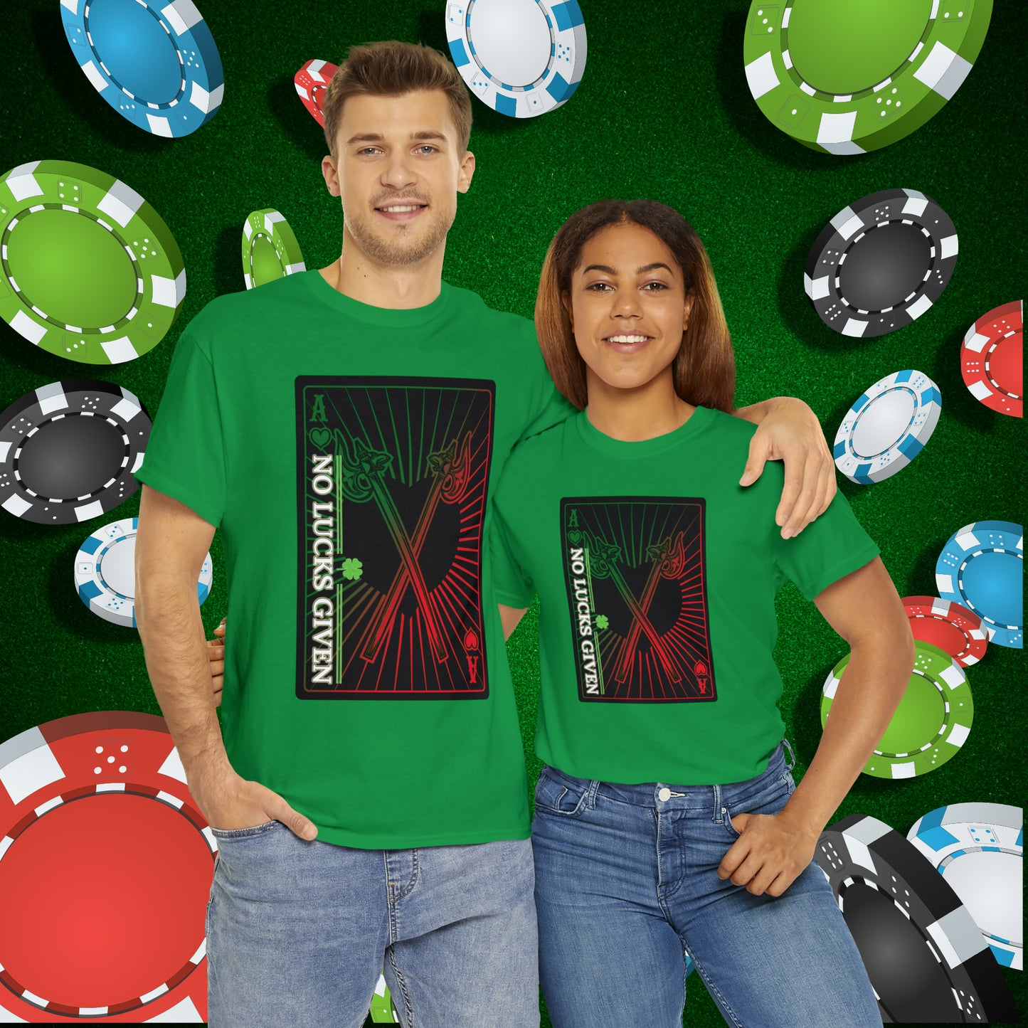 No Lucks Given Ace of Hearts card with two big axes Green Red Poker T-Shirt Must have Good Luck All-in