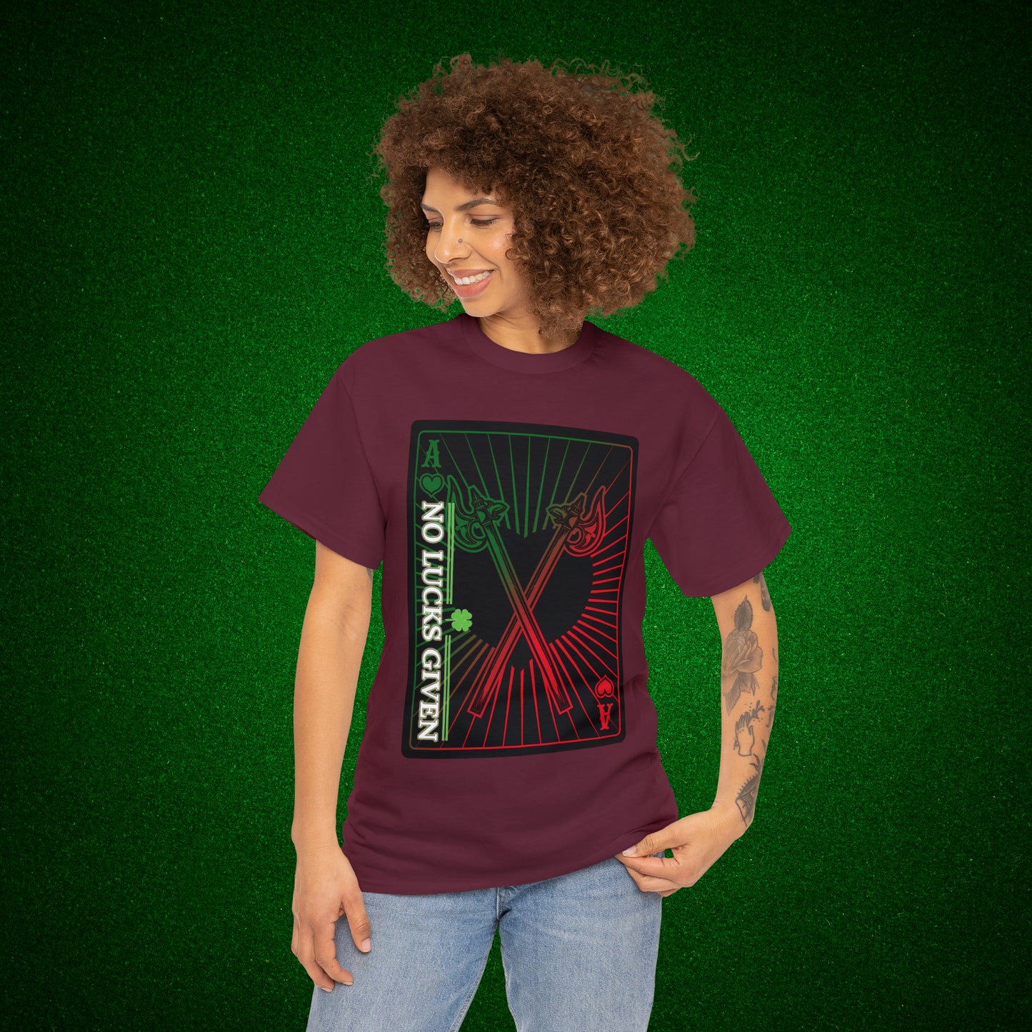 No Lucks Given Ace of Hearts card with two big axes Green Red Poker T-Shirt Must have Good Luck All-in