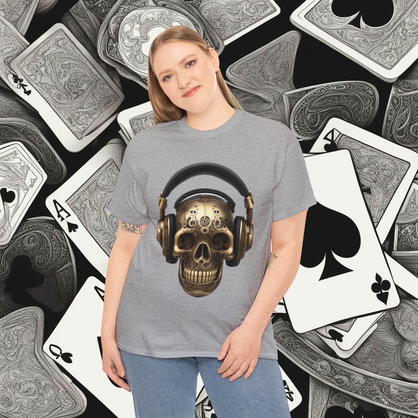 Clockwork steampunk Skull with headphones unisex heavy cotton T-shirt