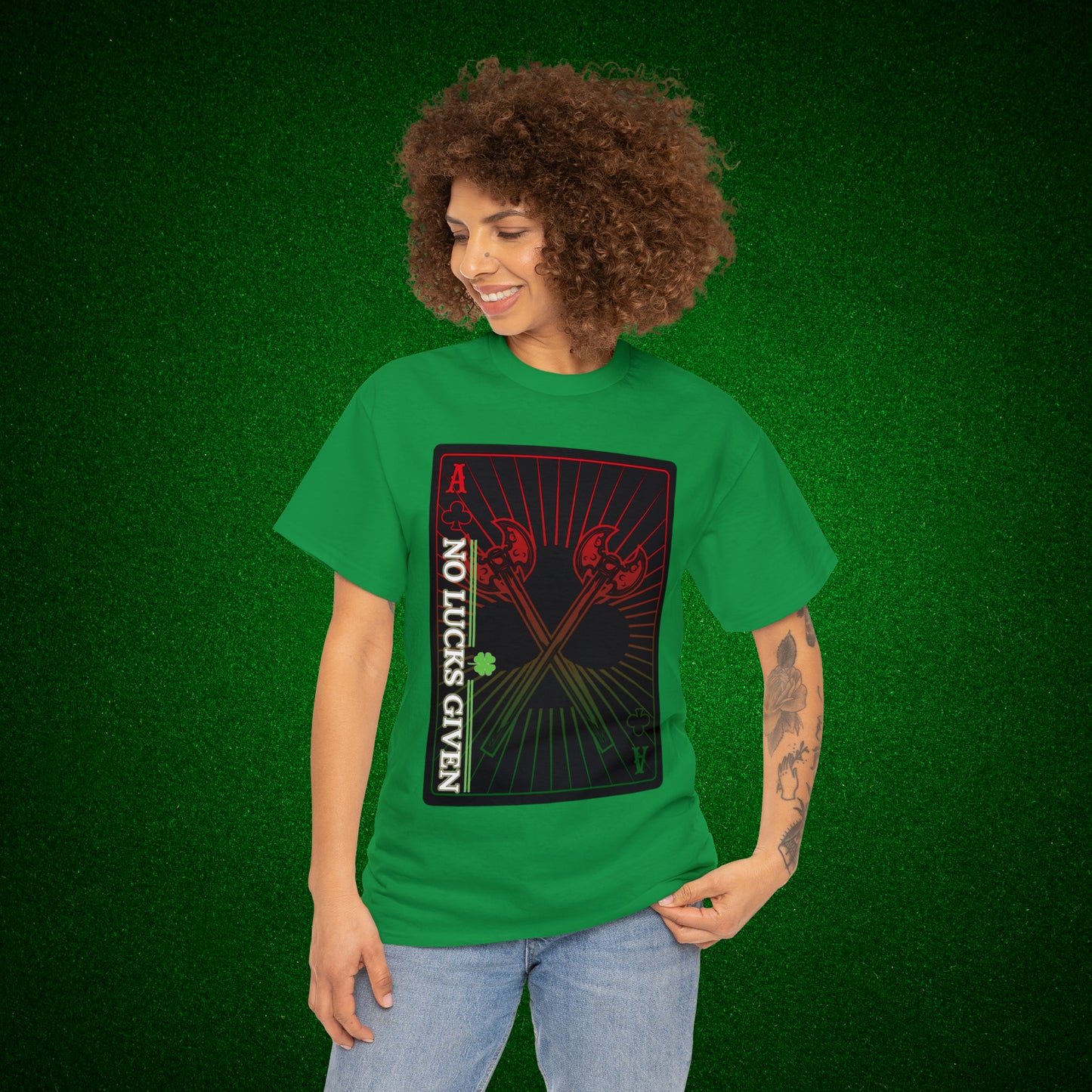 No Lucks Given Ace of Clubs card with two big axes Red Green Poker T-Shirt Must have Good Luck All-in