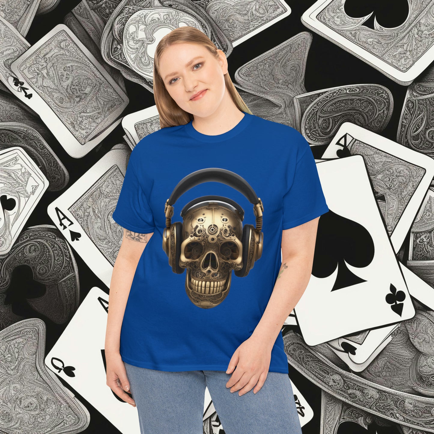 Clockwork steampunk Skull with headphones unisex heavy cotton T-shirt