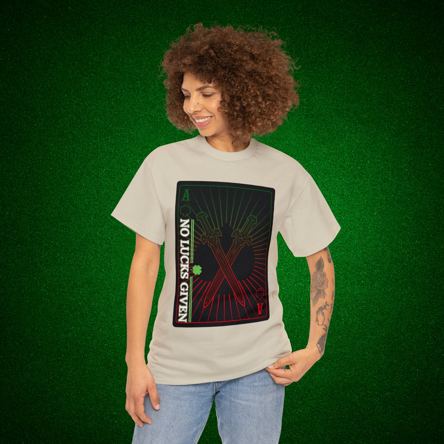 No Lucks Given Ace of Diamonds with Crossed Swords Red & Green Poker T-Shirt Must have Good Luck All-in