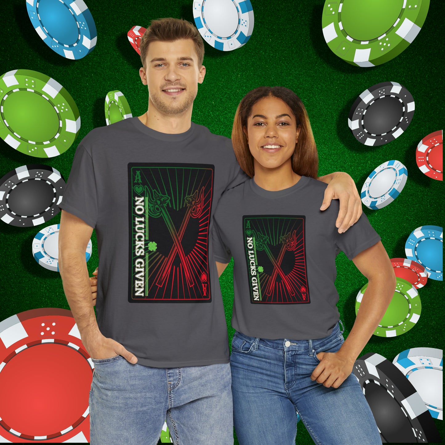 No Lucks Given Ace of Hearts card with two big axes Green Red Poker T-Shirt Must have Good Luck All-in