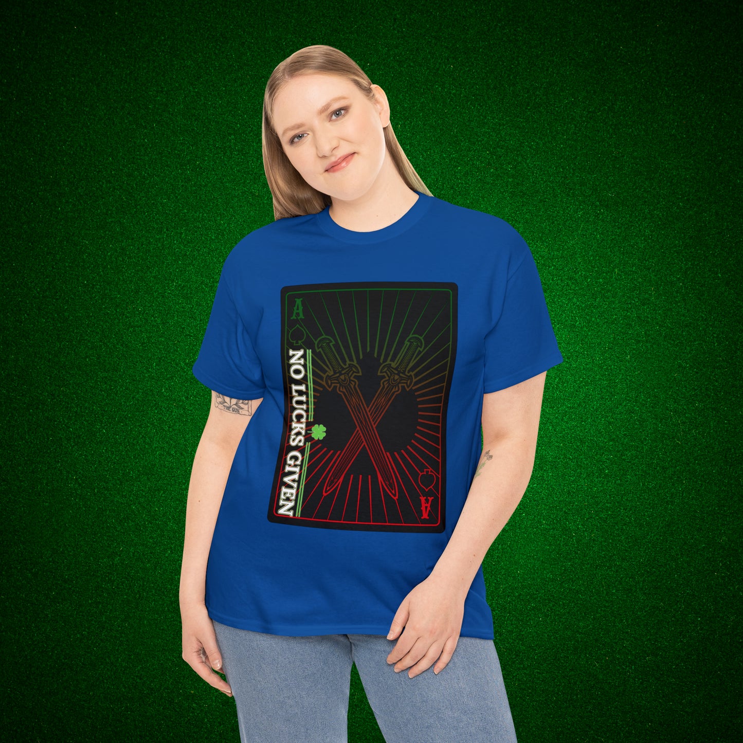 No Lucks Given Ace of Diamonds with Crossed Swords Red & Green Poker T-Shirt Must have Good Luck All-in