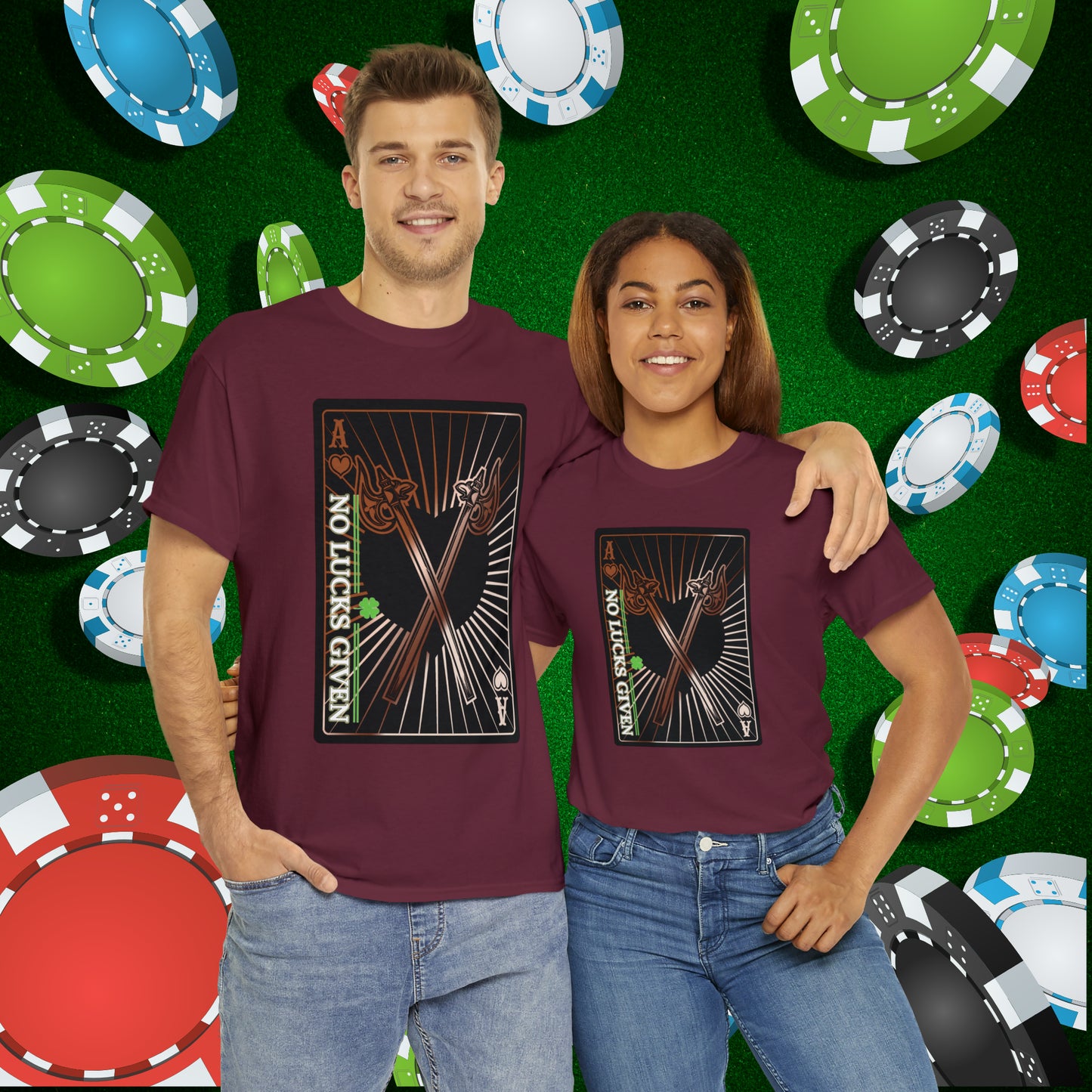 No Lucks Given Ace of Hearts card with two big axes Copper Poker T-Shirt Must have Good Luck All-in