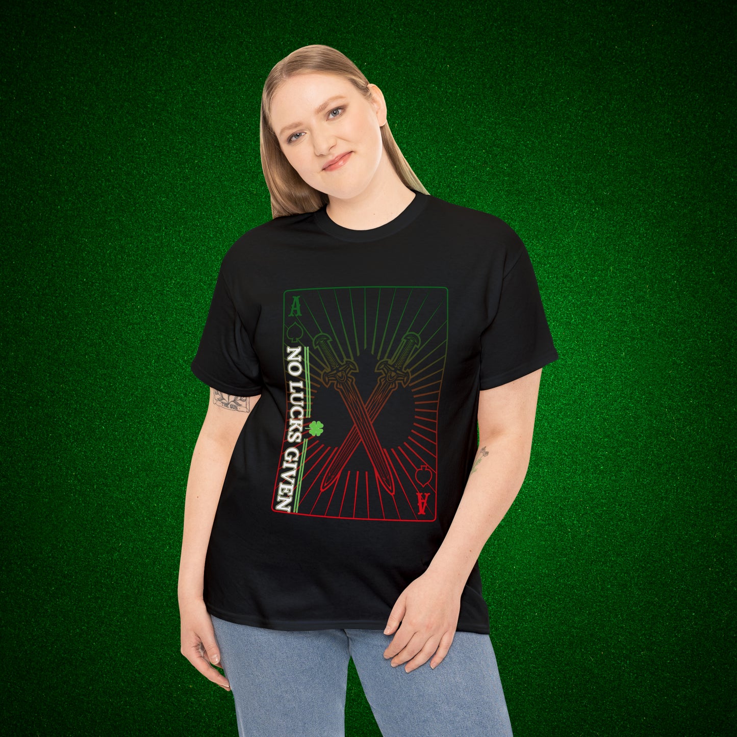 No Lucks Given Ace of Diamonds with Crossed Swords Red & Green Poker T-Shirt Must have Good Luck All-in