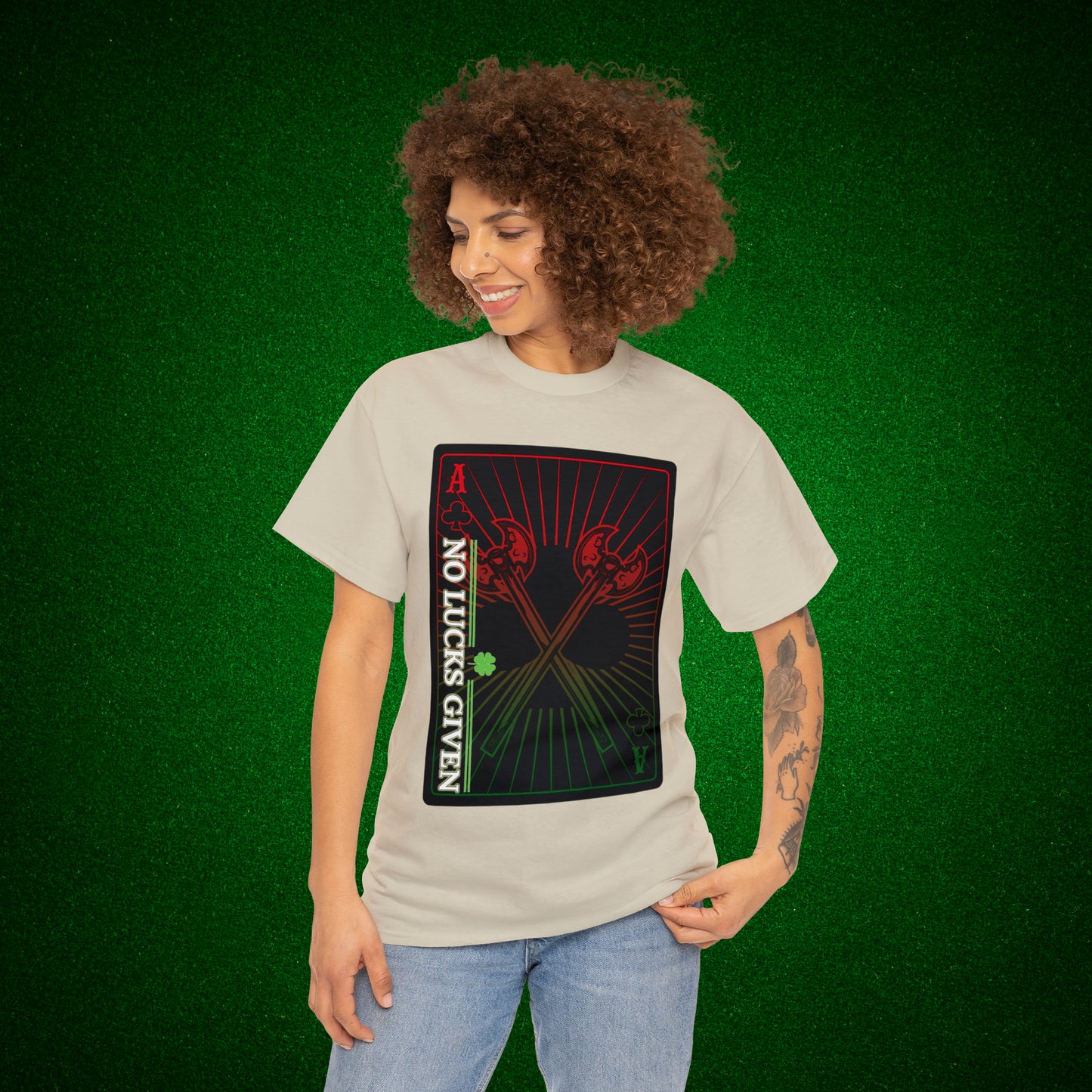 No Lucks Given Ace of Clubs card with two big axes Red Green Poker T-Shirt Must have Good Luck All-in