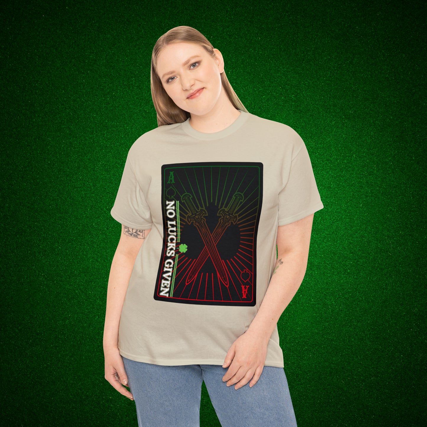 No Lucks Given Ace of Diamonds with Crossed Swords Red & Green Poker T-Shirt Must have Good Luck All-in