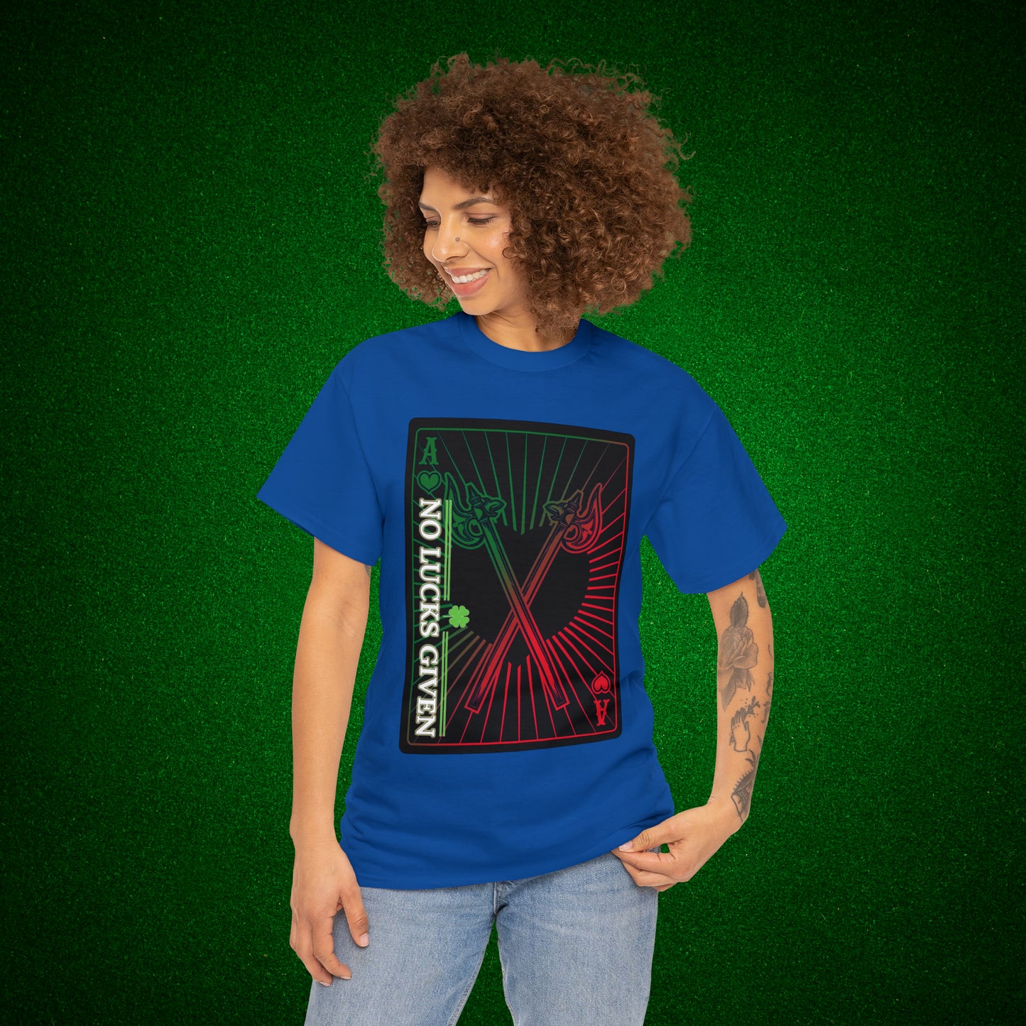 No Lucks Given Ace of Hearts card with two big axes Green Red Poker T-Shirt Must have Good Luck All-in