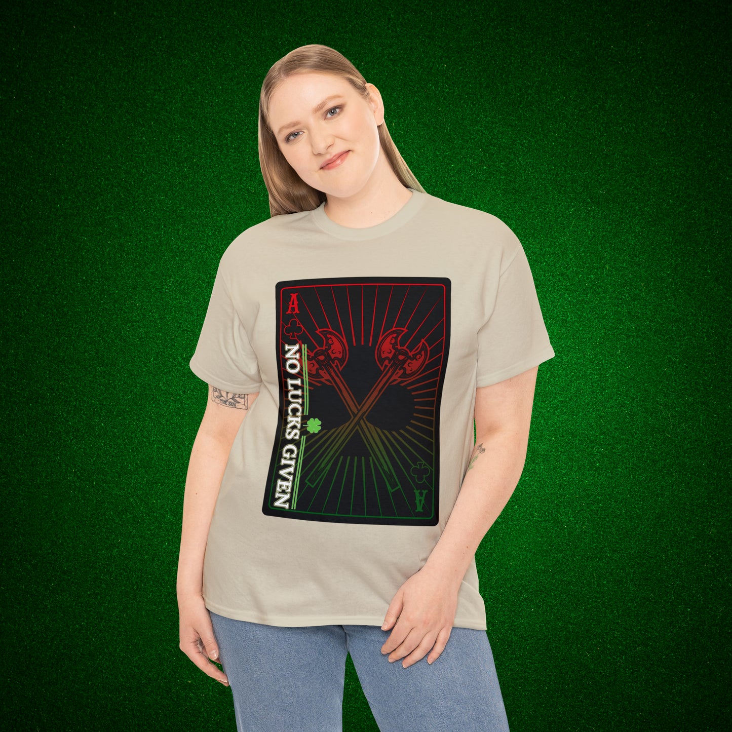 No Lucks Given Ace of Clubs card with two big axes Red Green Poker T-Shirt Must have Good Luck All-in