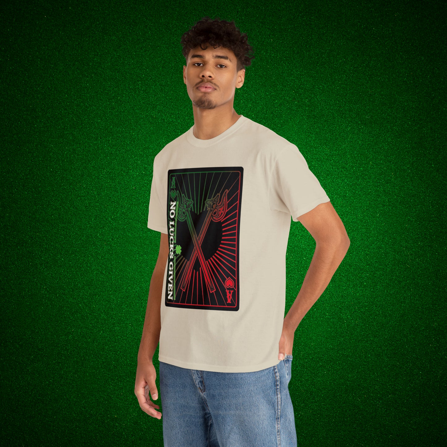 No Lucks Given Ace of Hearts card with two big axes Green Red Poker T-Shirt Must have Good Luck All-in