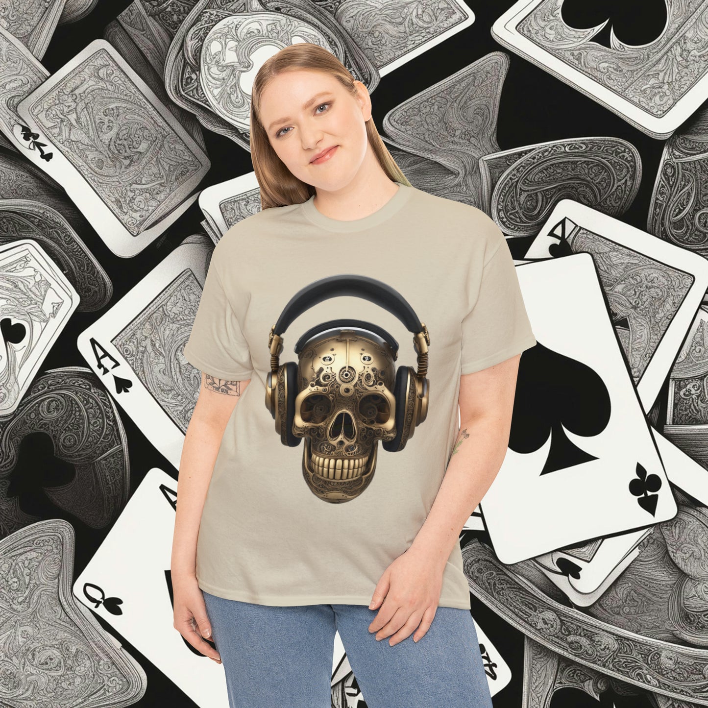 Clockwork steampunk Skull with headphones unisex heavy cotton T-shirt