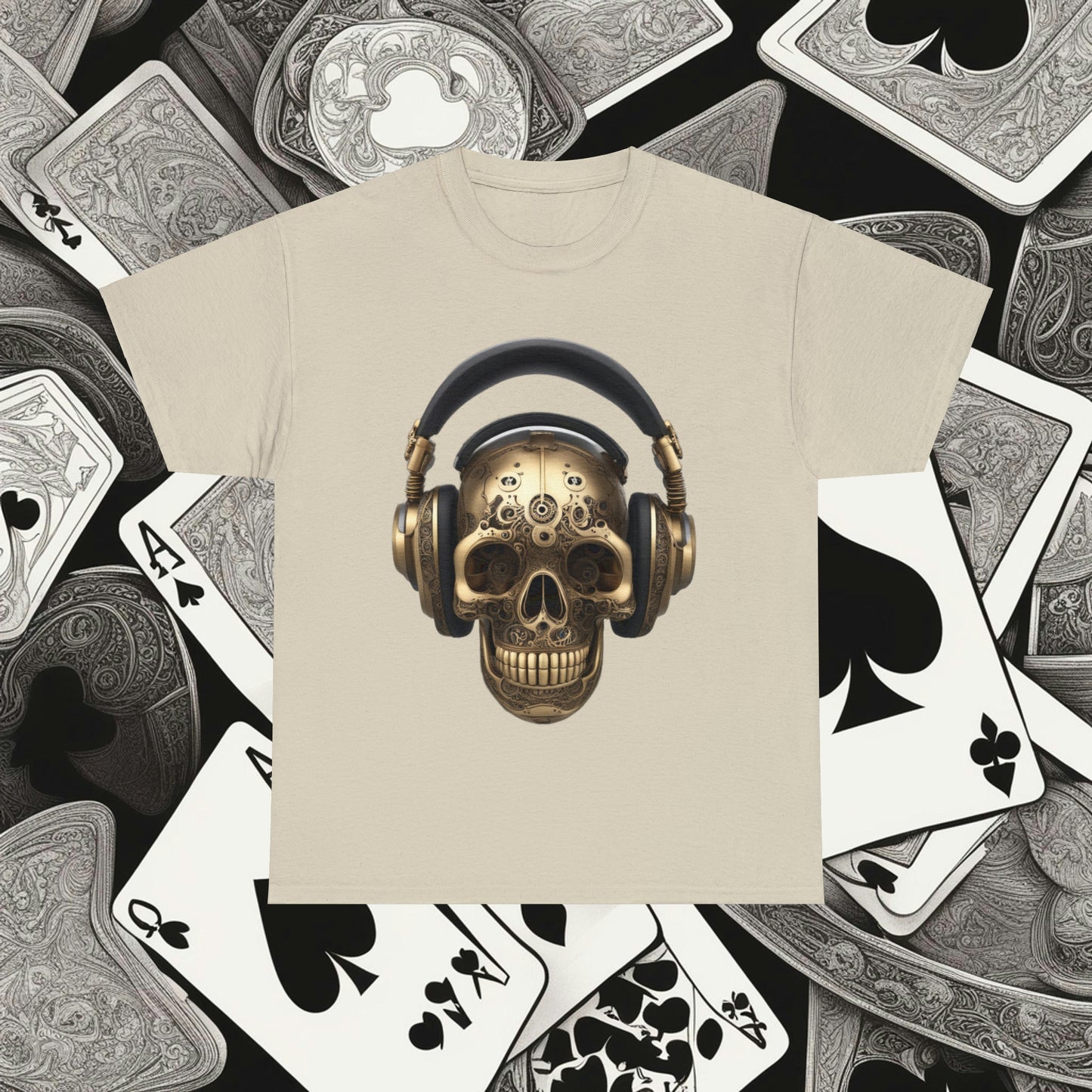 Clockwork steampunk Skull with headphones unisex heavy cotton T-shirt