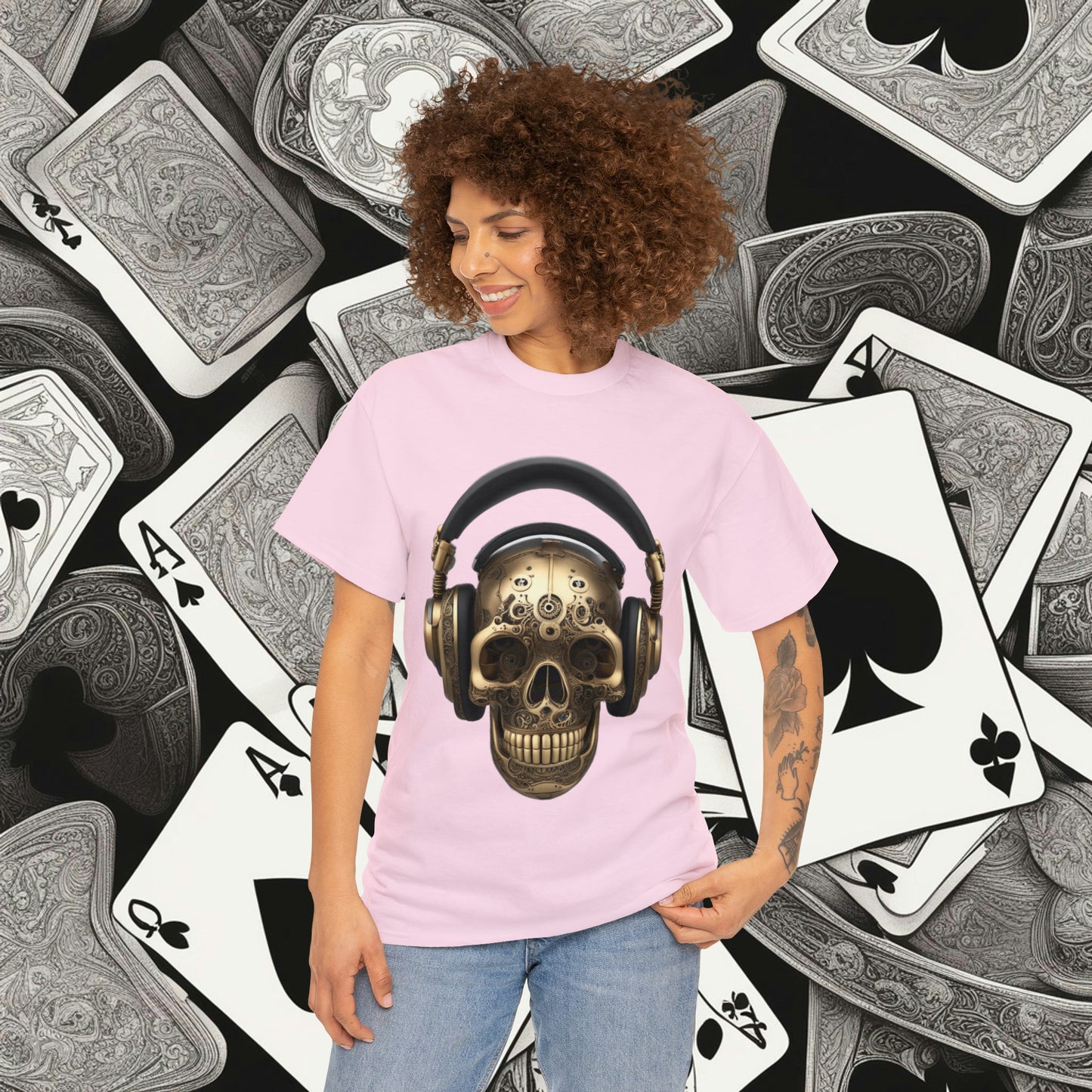 Clockwork steampunk Skull with headphones unisex heavy cotton T-shirt