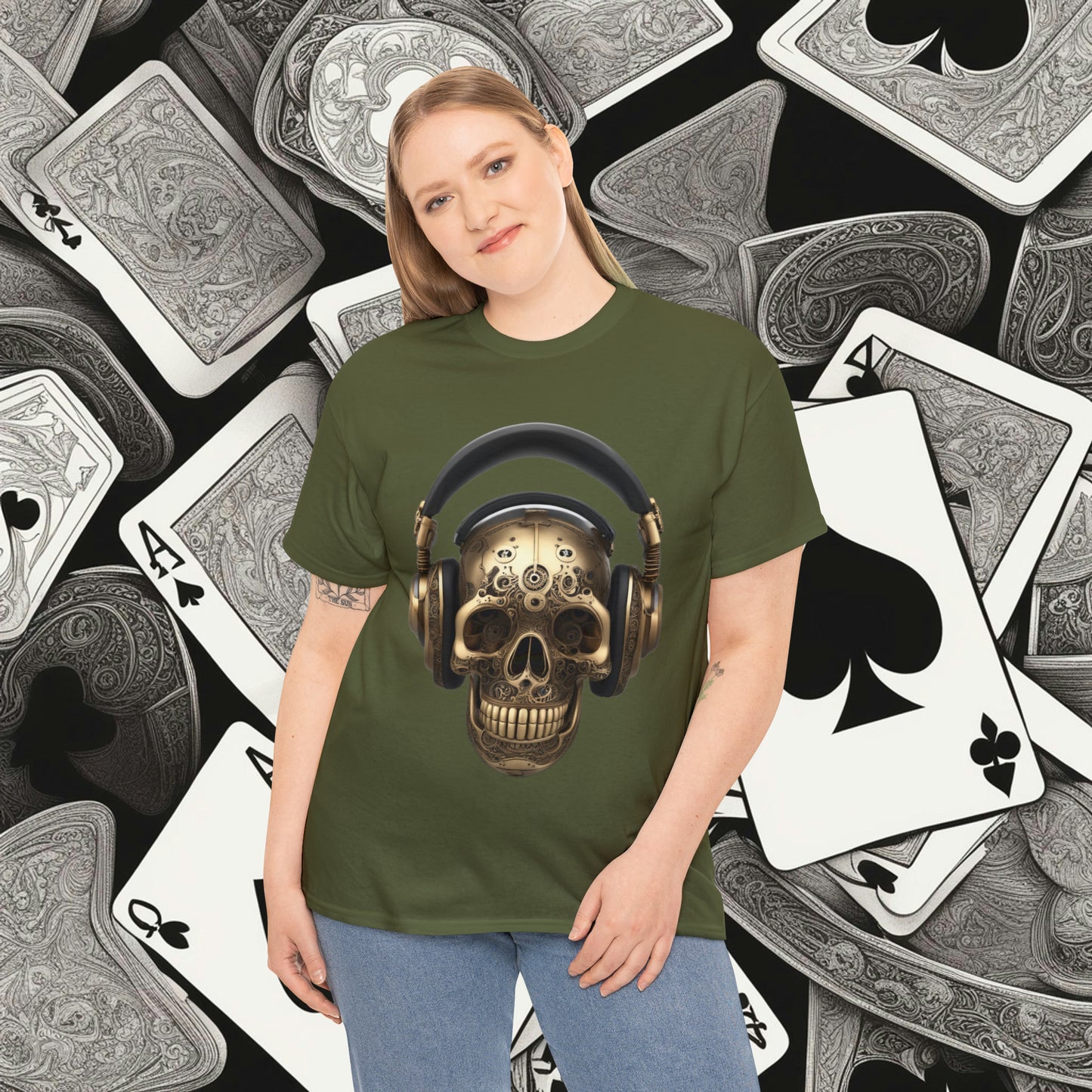 Clockwork steampunk Skull with headphones unisex heavy cotton T-shirt