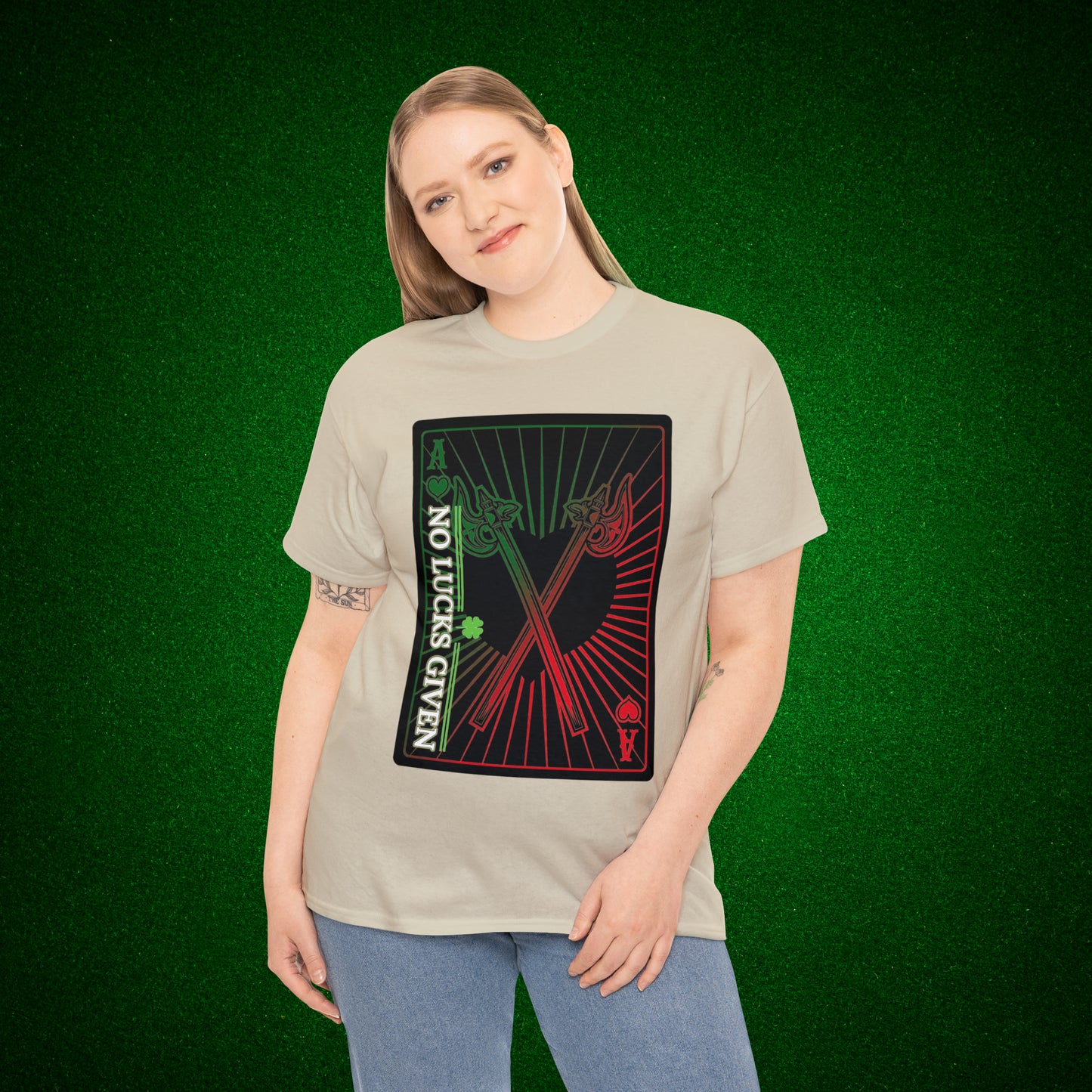 No Lucks Given Ace of Hearts card with two big axes Green Red Poker T-Shirt Must have Good Luck All-in