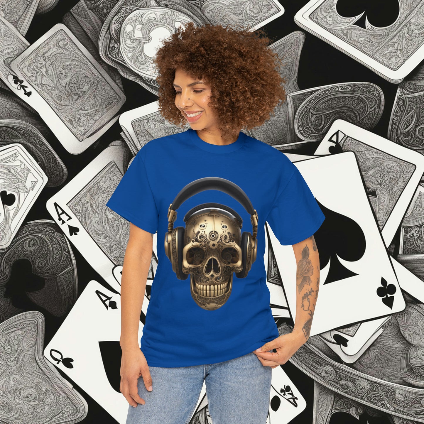 Clockwork steampunk Skull with headphones unisex heavy cotton T-shirt