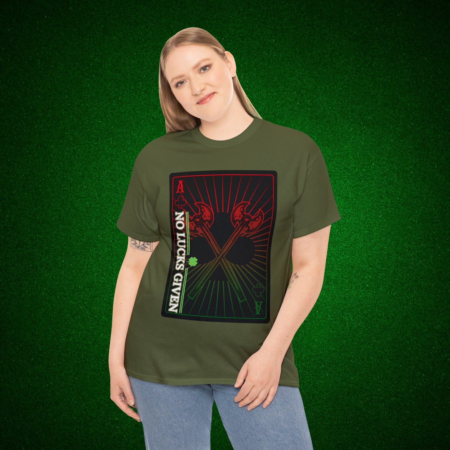 No Lucks Given Ace of Clubs card with two big axes Red Green Poker T-Shirt Must have Good Luck All-in