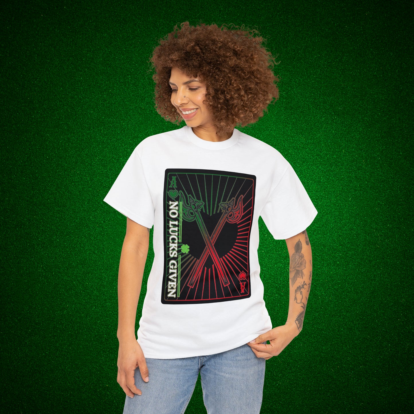 No Lucks Given Ace of Hearts card with two big axes Green Red Poker T-Shirt Must have Good Luck All-in