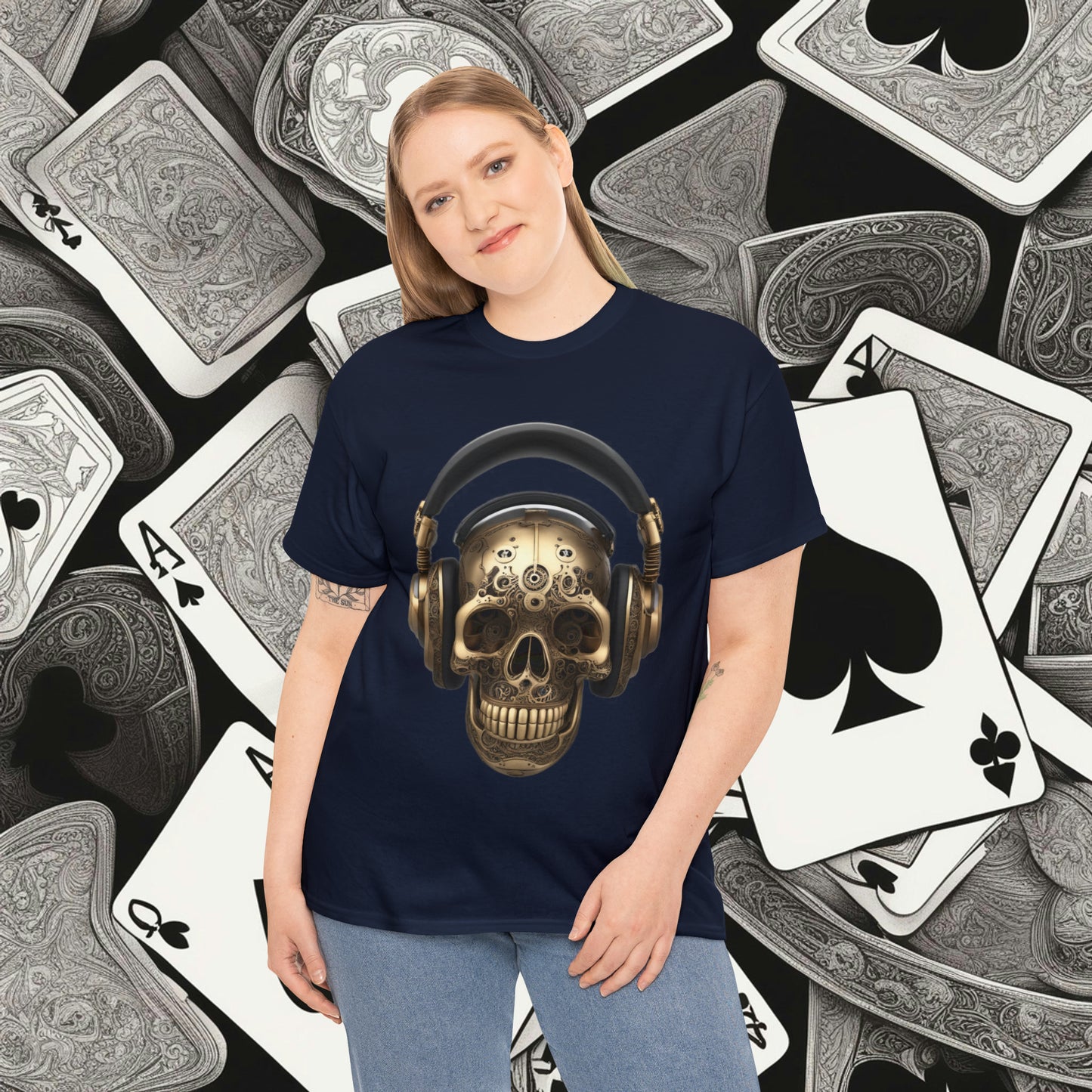 Clockwork steampunk Skull with headphones unisex heavy cotton T-shirt