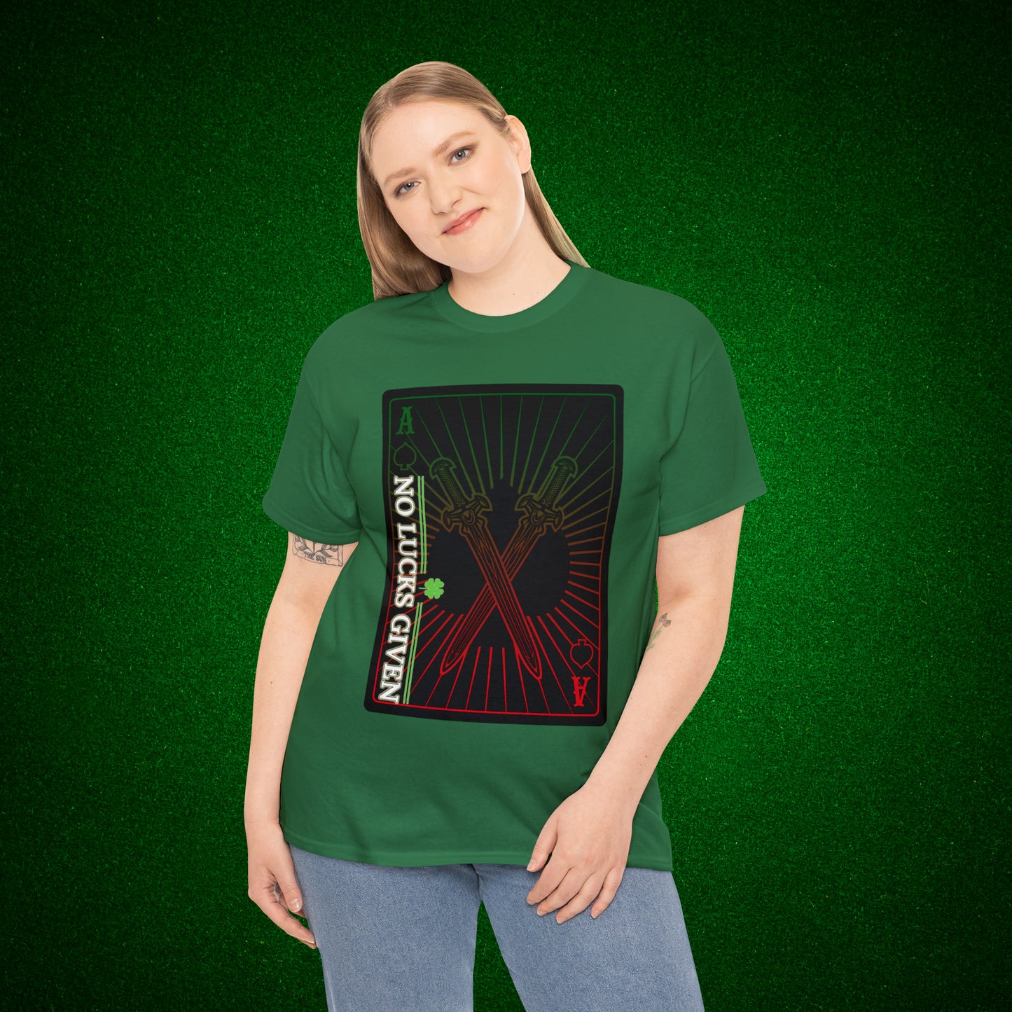 No Lucks Given Ace of Diamonds with Crossed Swords Red & Green Poker T-Shirt Must have Good Luck All-in