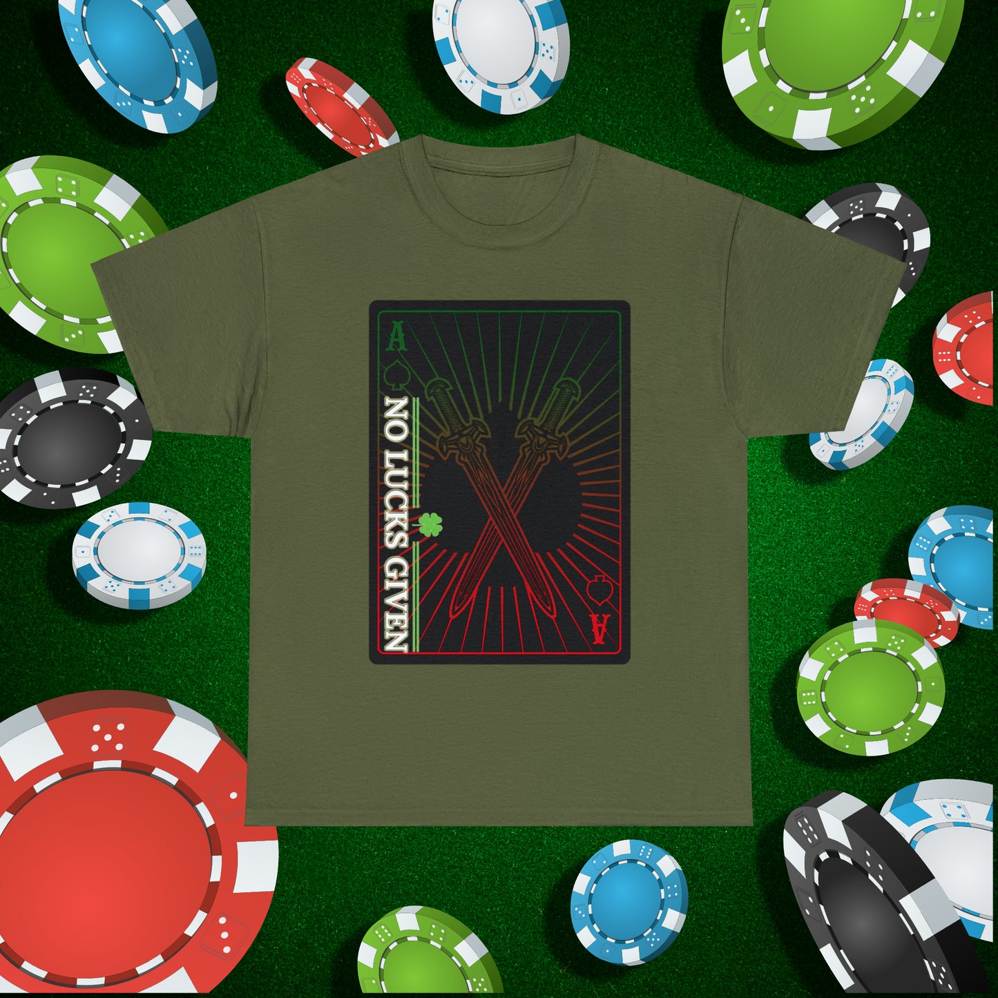 No Lucks Given Ace of Diamonds with Crossed Swords Red & Green Poker T-Shirt Must have Good Luck All-in