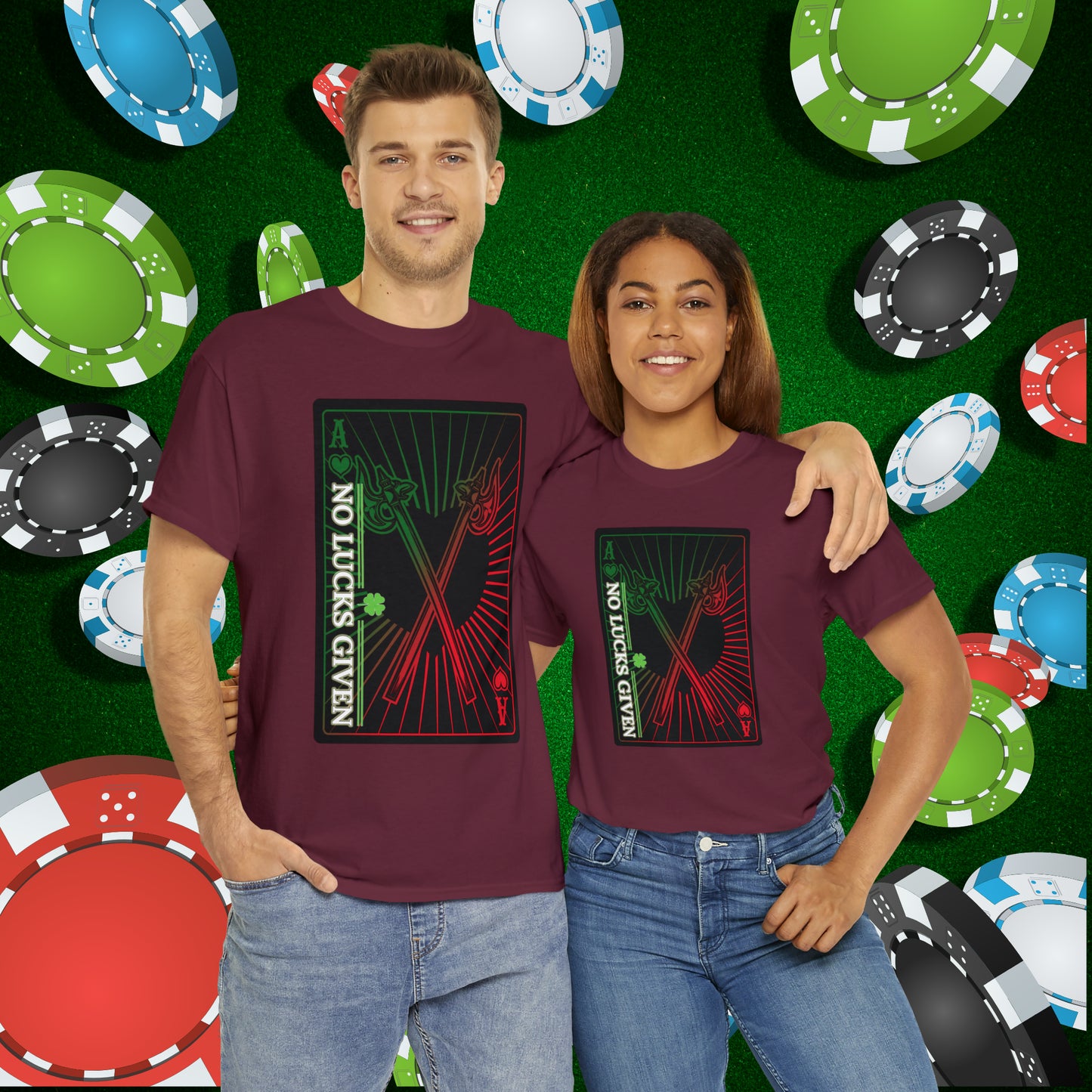 No Lucks Given Ace of Hearts card with two big axes Green Red Poker T-Shirt Must have Good Luck All-in