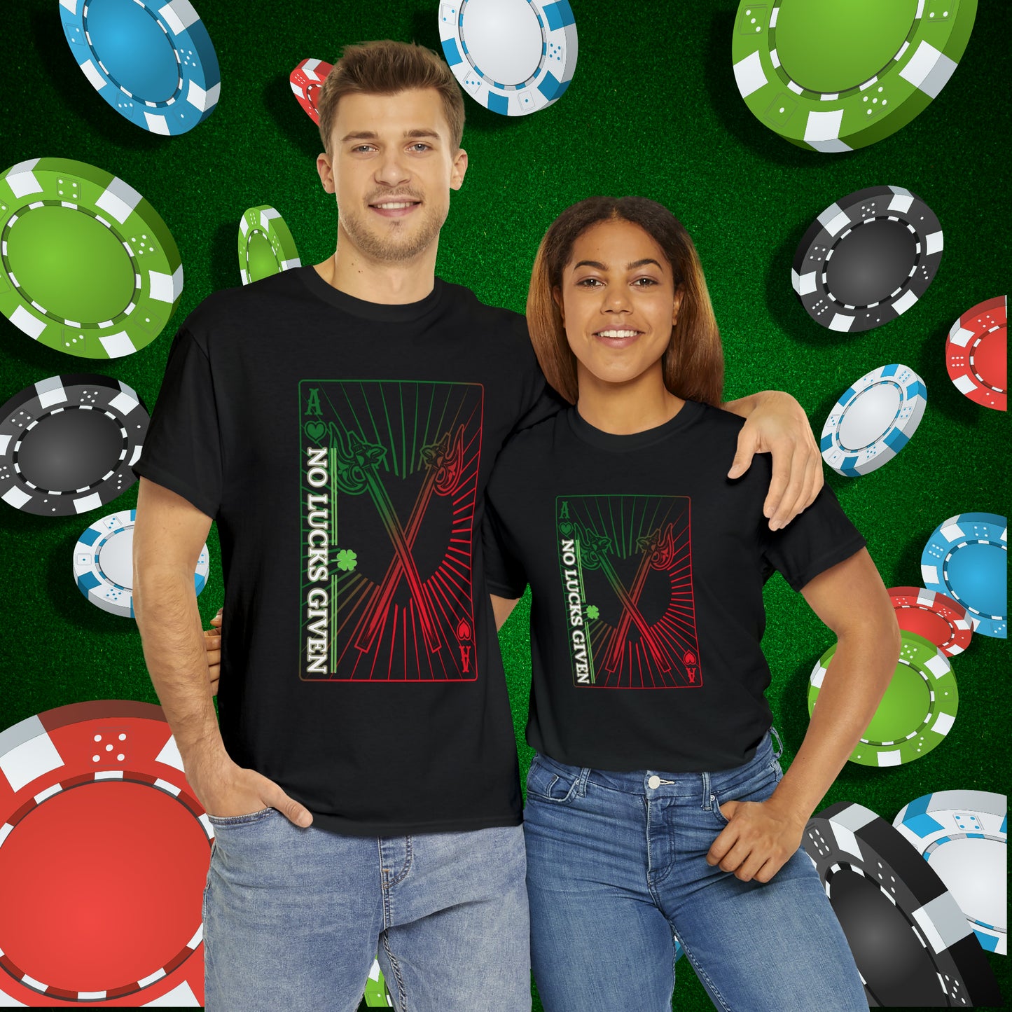 No Lucks Given Ace of Hearts card with two big axes Green Red Poker T-Shirt Must have Good Luck All-in