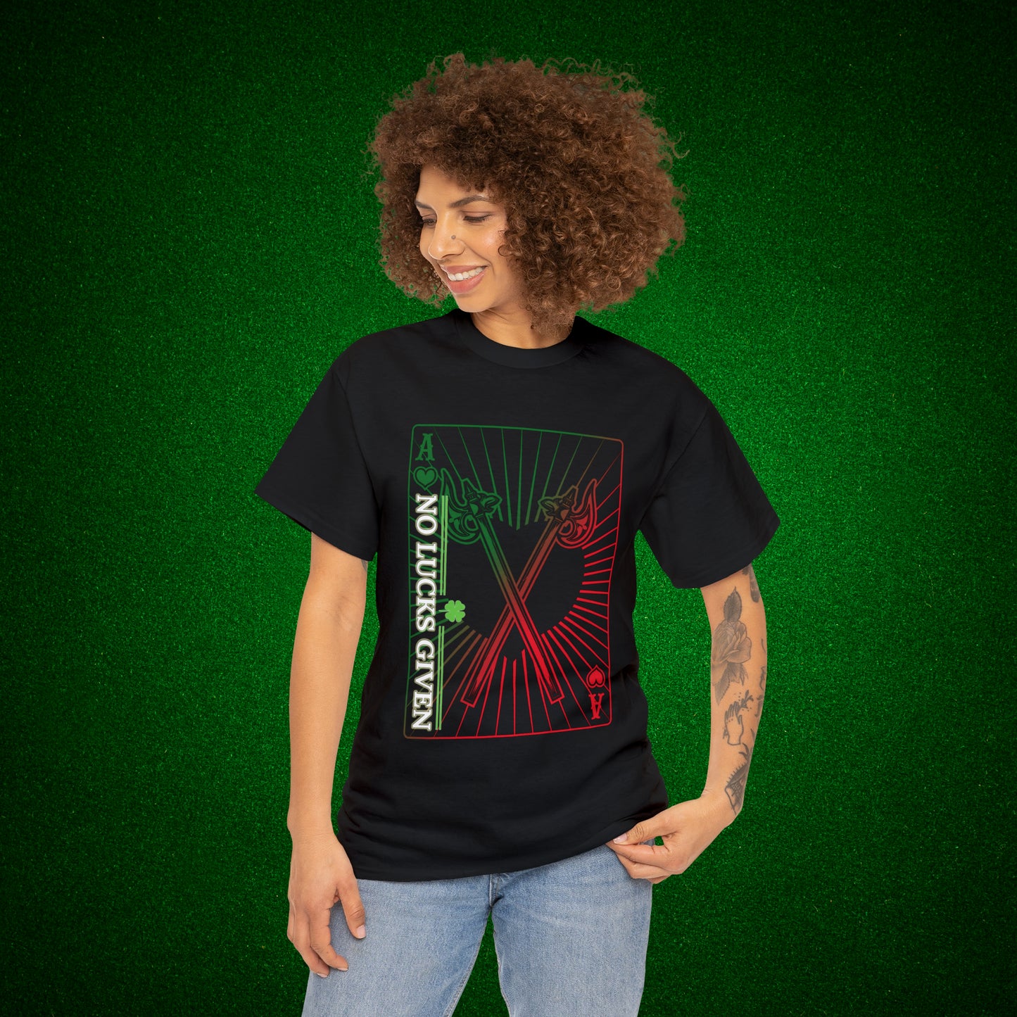 No Lucks Given Ace of Hearts card with two big axes Green Red Poker T-Shirt Must have Good Luck All-in