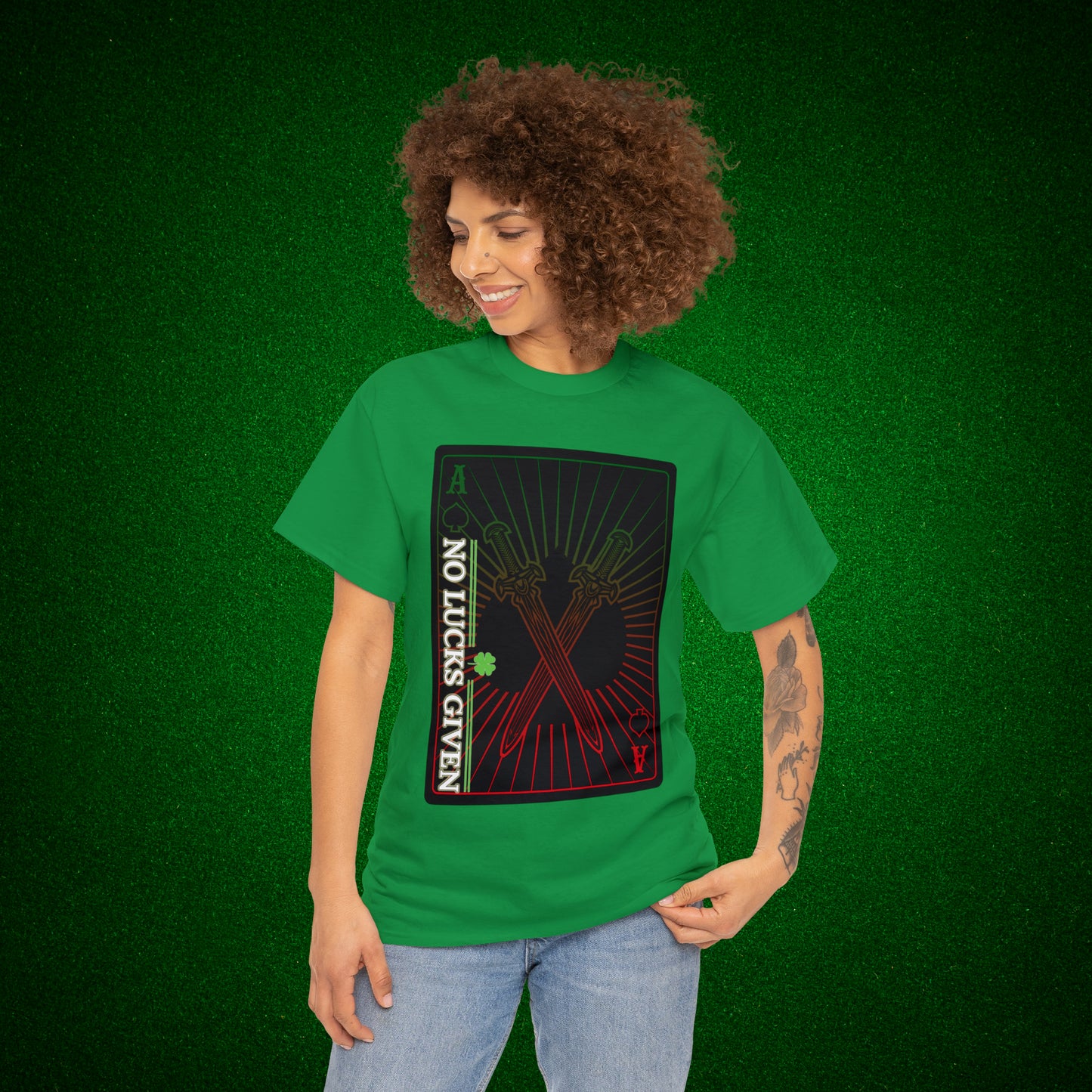 No Lucks Given Ace of Diamonds with Crossed Swords Red & Green Poker T-Shirt Must have Good Luck All-in