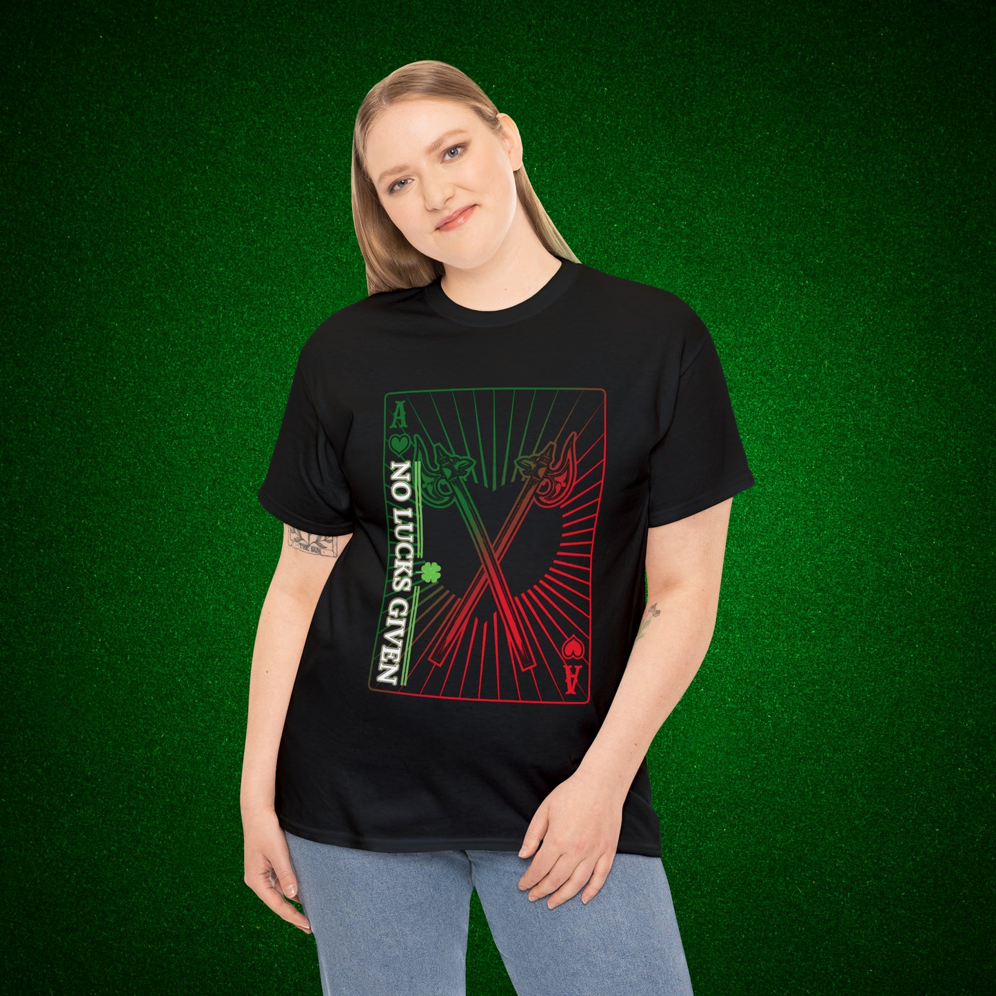 No Lucks Given Ace of Hearts card with two big axes Green Red Poker T-Shirt Must have Good Luck All-in