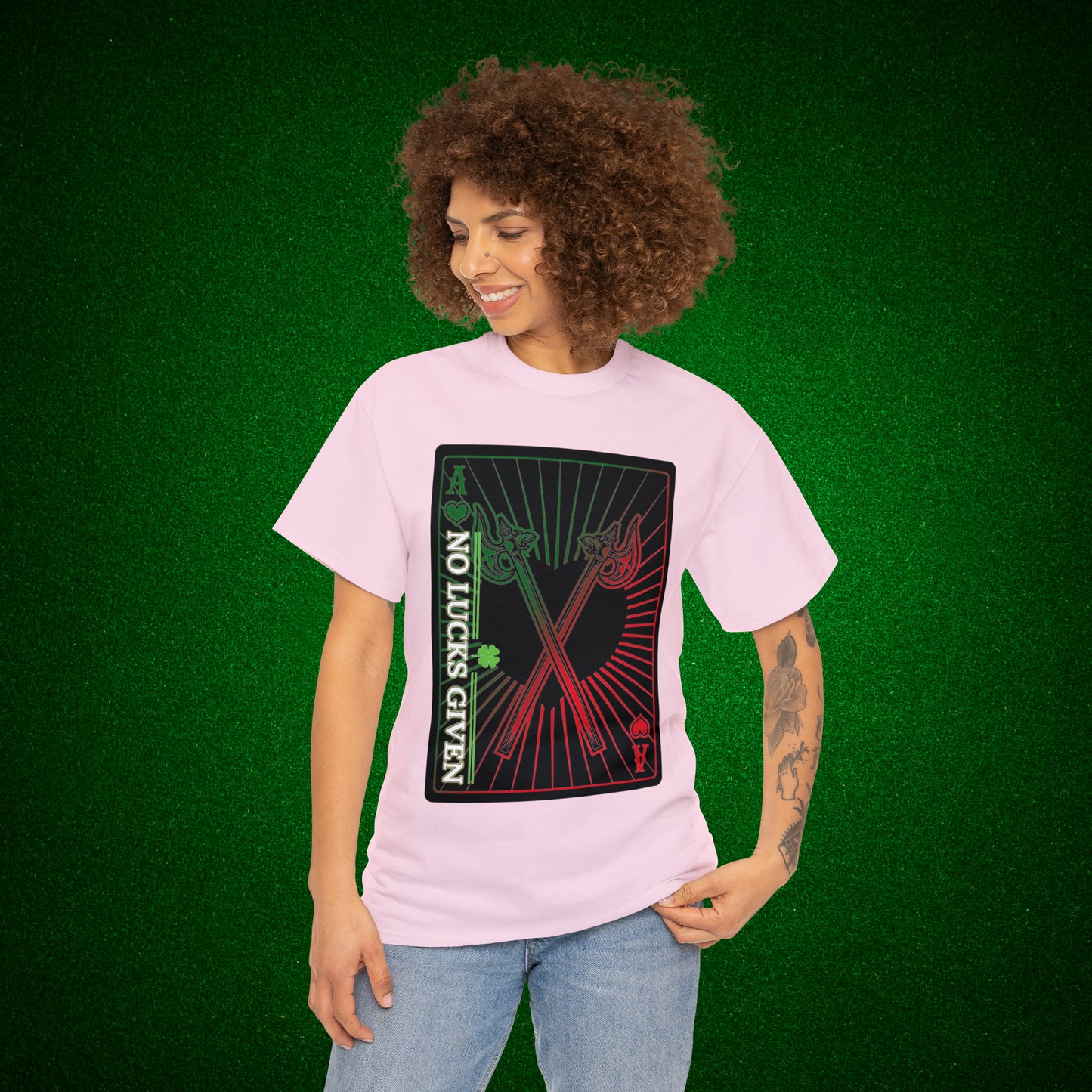 No Lucks Given Ace of Hearts card with two big axes Green Red Poker T-Shirt Must have Good Luck All-in