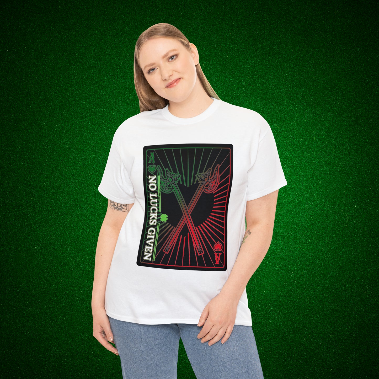 No Lucks Given Ace of Hearts card with two big axes Green Red Poker T-Shirt Must have Good Luck All-in