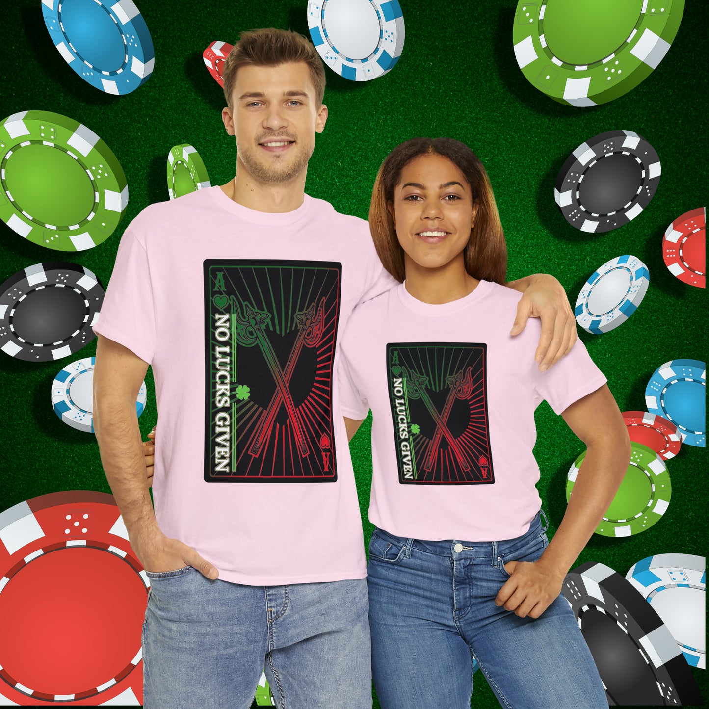 No Lucks Given Ace of Hearts card with two big axes Green Red Poker T-Shirt Must have Good Luck All-in