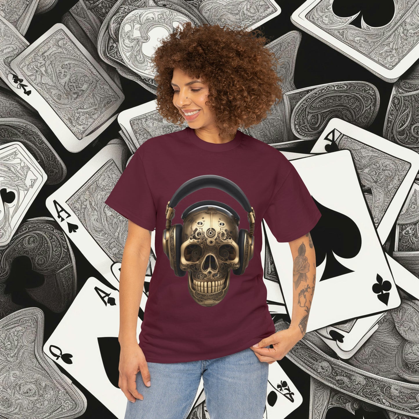 Clockwork steampunk Skull with headphones unisex heavy cotton T-shirt