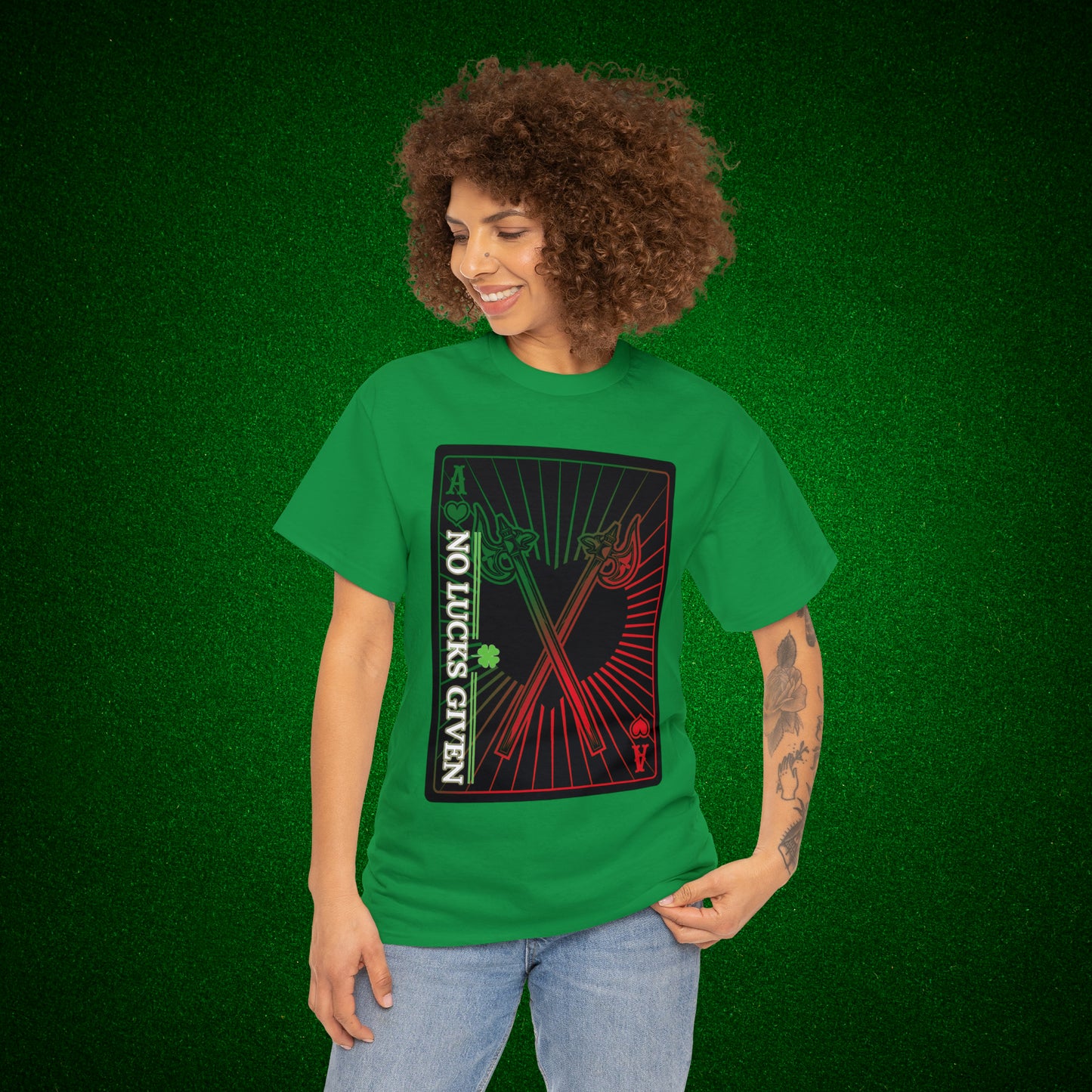 No Lucks Given Ace of Hearts card with two big axes Green Red Poker T-Shirt Must have Good Luck All-in