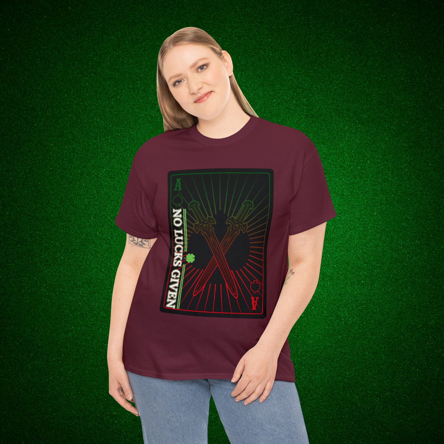 No Lucks Given Ace of Diamonds with Crossed Swords Red & Green Poker T-Shirt Must have Good Luck All-in