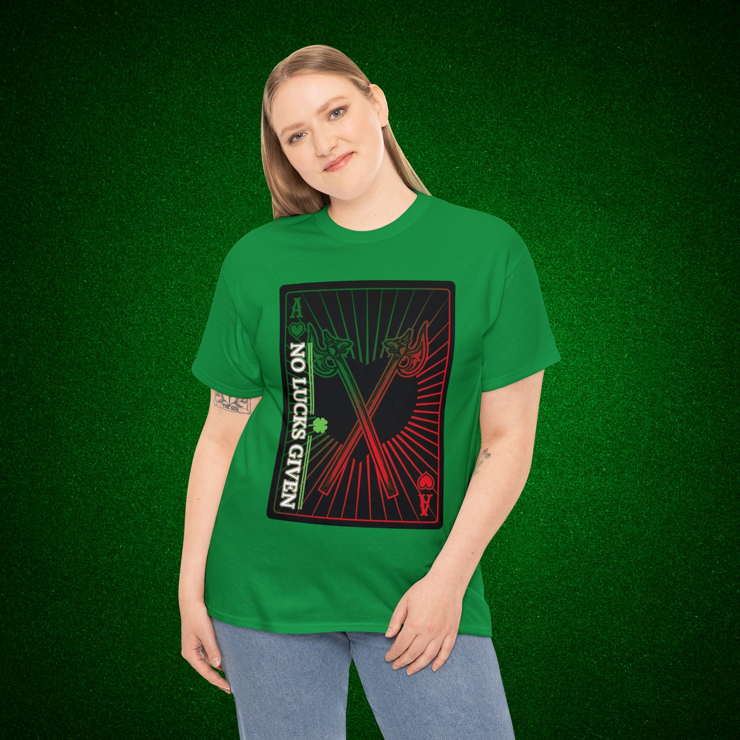 No Lucks Given Ace of Hearts card with two big axes Green Red Poker T-Shirt Must have Good Luck All-in