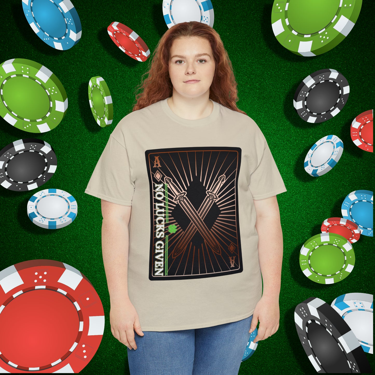 No Lucks Given Ace of Diamonds with Crossed Swords Copper Poker T-Shirt Must have Good Luck All-in