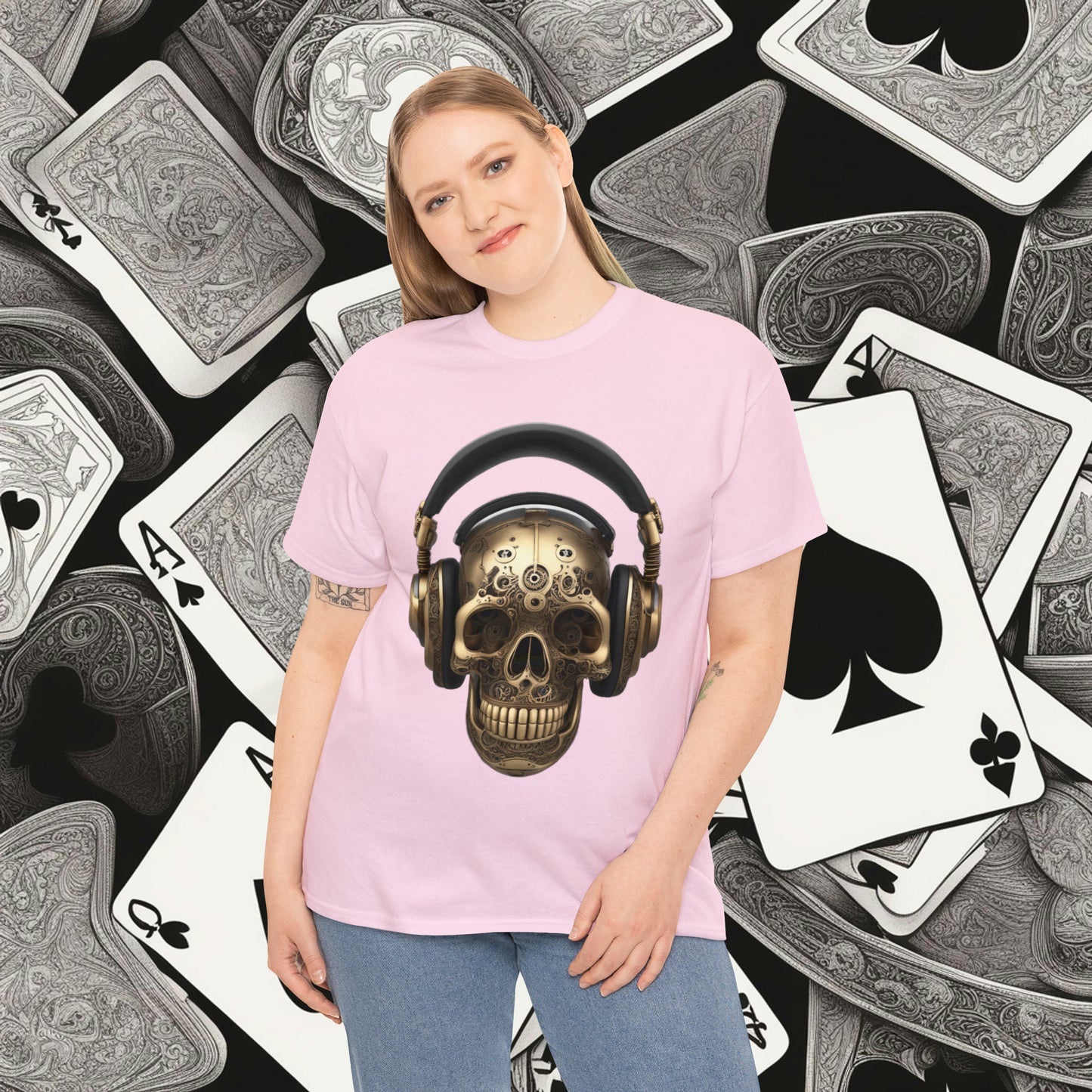 Clockwork steampunk Skull with headphones unisex heavy cotton T-shirt