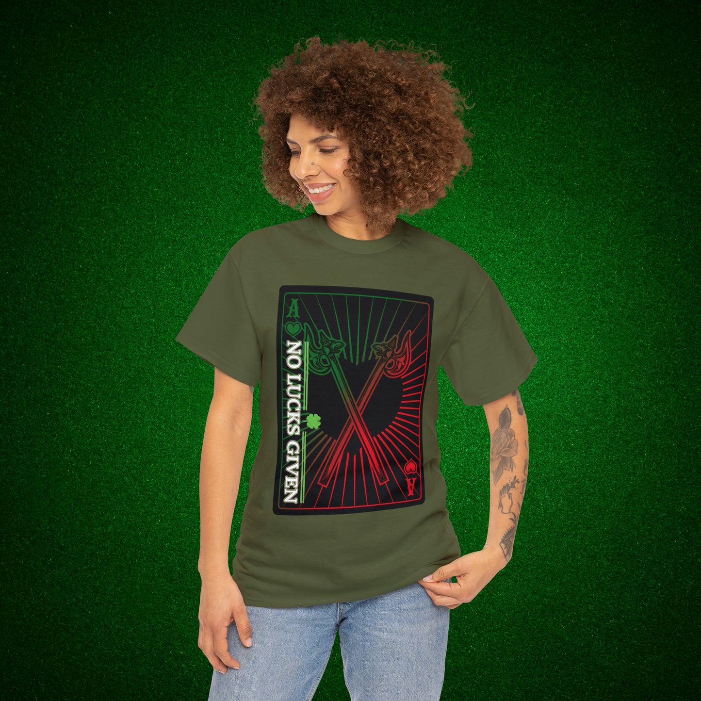 No Lucks Given Ace of Hearts card with two big axes Green Red Poker T-Shirt Must have Good Luck All-in