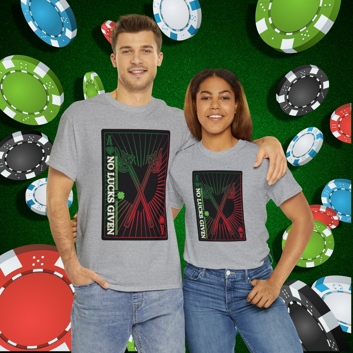 No Lucks Given Ace of Hearts card with two big axes Green Red Poker T-Shirt Must have Good Luck All-in