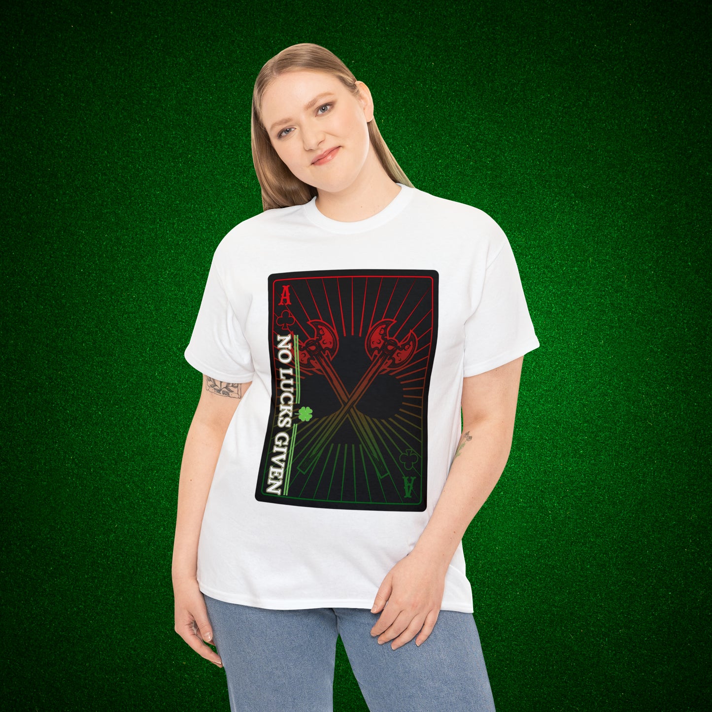 No Lucks Given Ace of Clubs card with two big axes Red Green Poker T-Shirt Must have Good Luck All-in