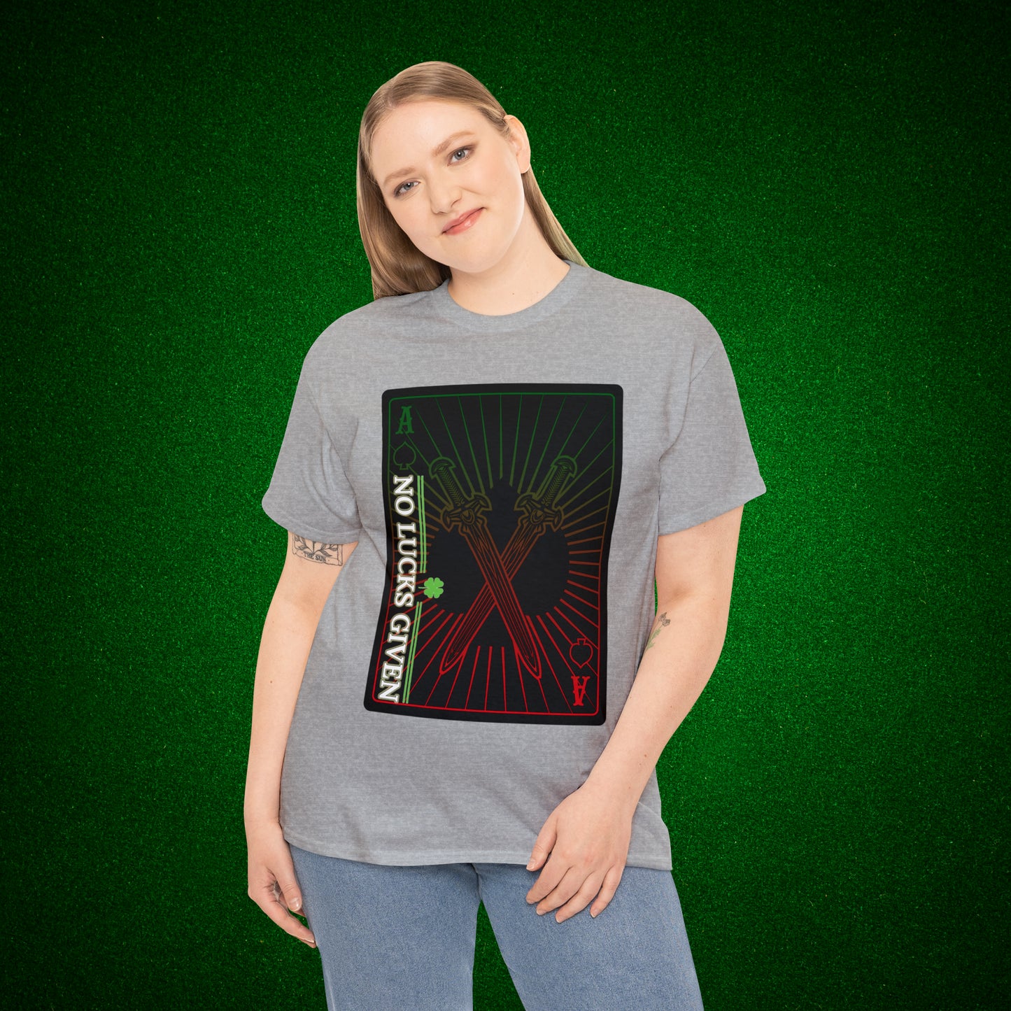 No Lucks Given Ace of Diamonds with Crossed Swords Red & Green Poker T-Shirt Must have Good Luck All-in