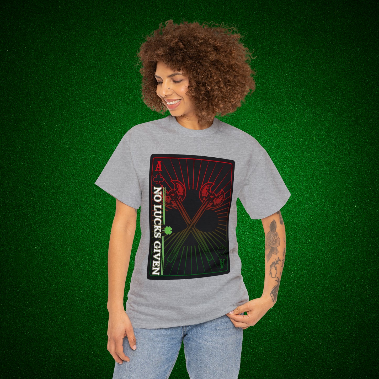 No Lucks Given Ace of Clubs card with two big axes Red Green Poker T-Shirt Must have Good Luck All-in