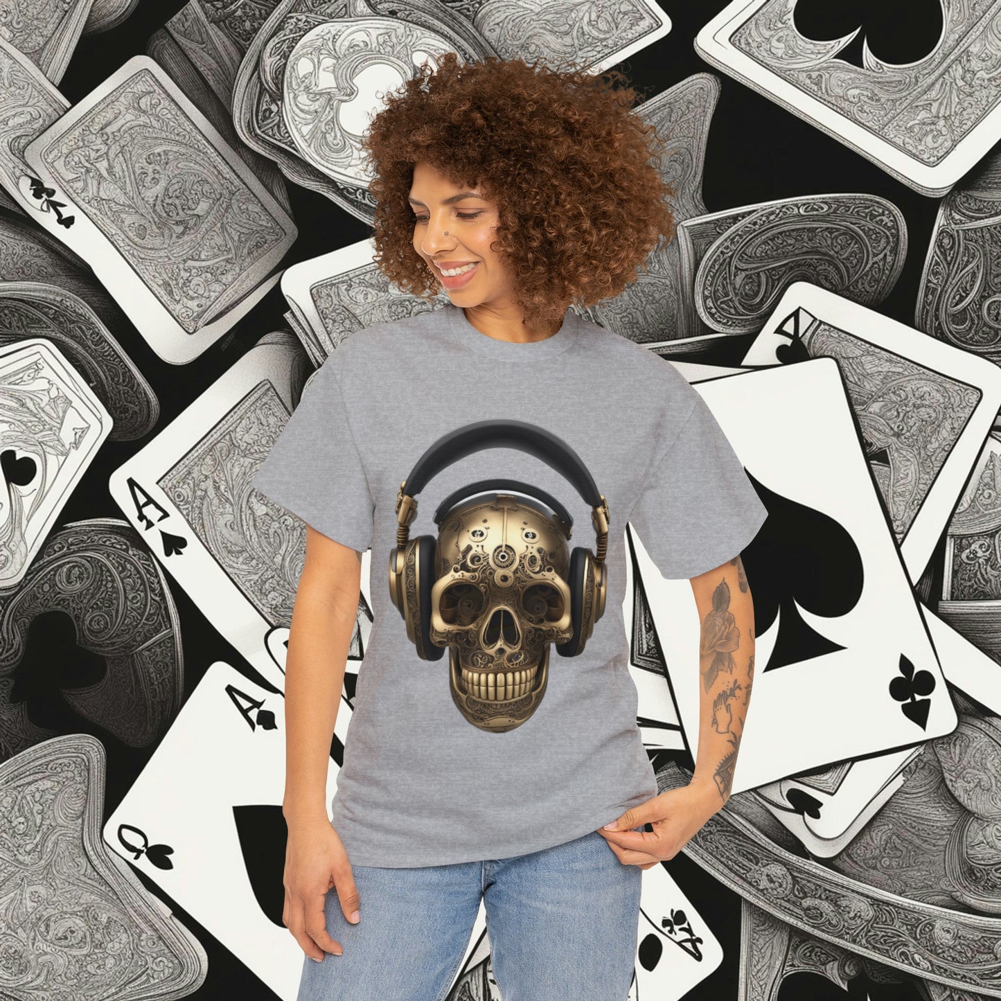 Clockwork steampunk Skull with headphones unisex heavy cotton T-shirt