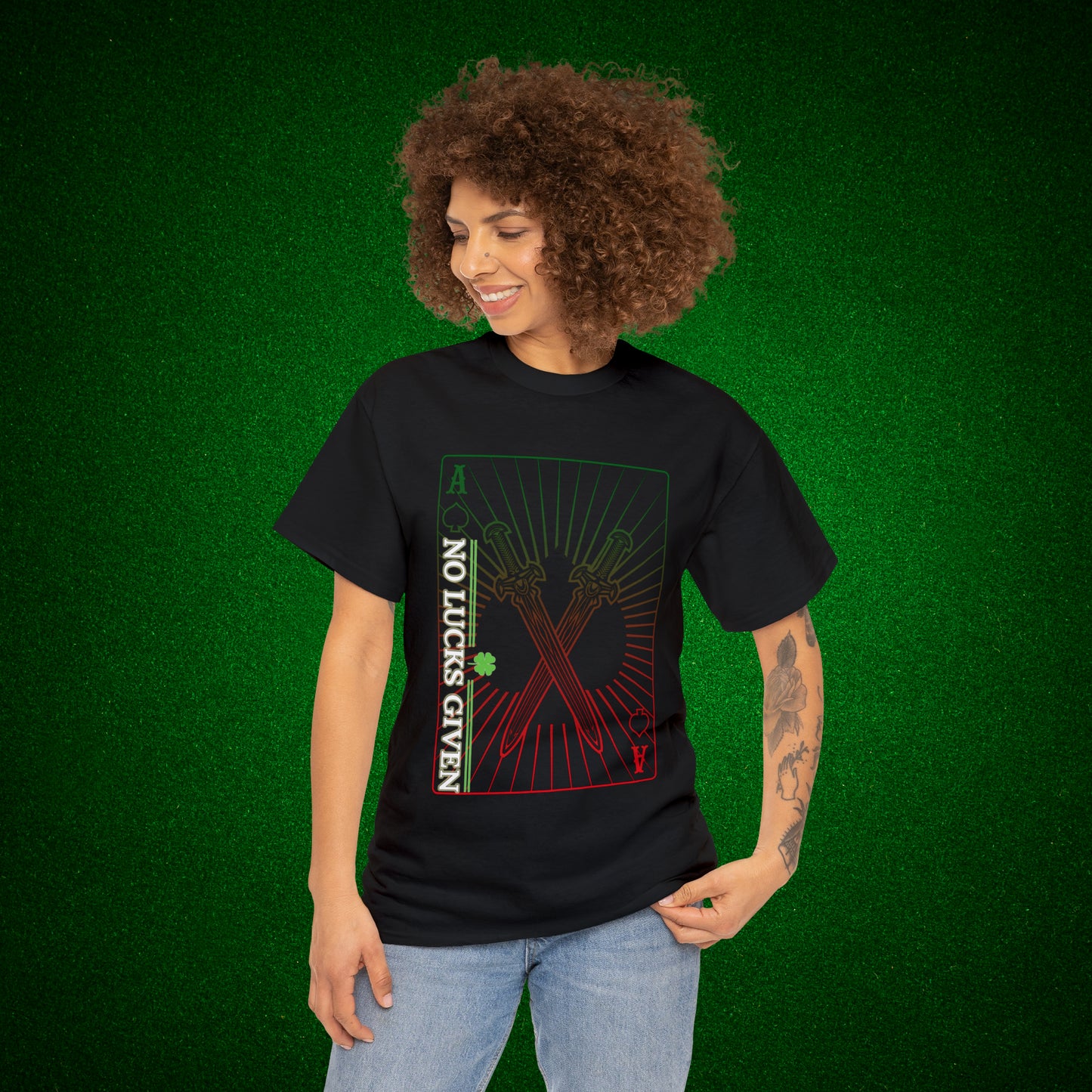 No Lucks Given Ace of Diamonds with Crossed Swords Red & Green Poker T-Shirt Must have Good Luck All-in