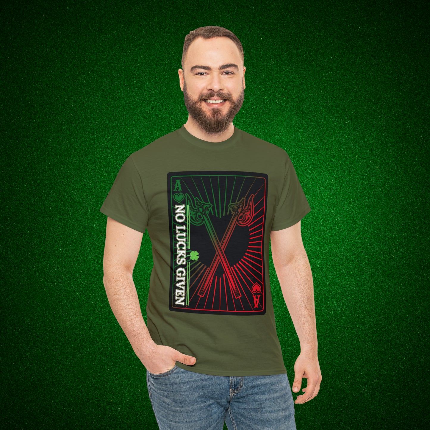 No Lucks Given Ace of Hearts card with two big axes Green Red Poker T-Shirt Must have Good Luck All-in