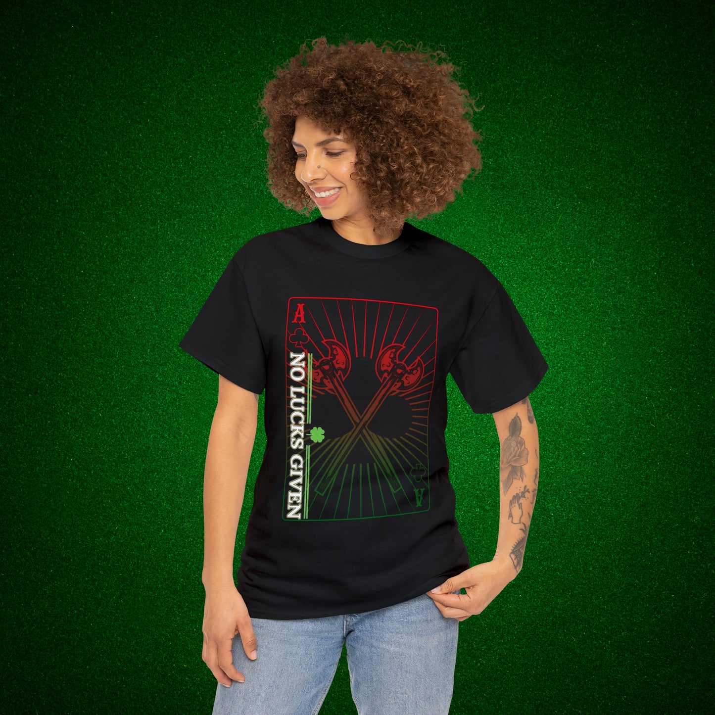 No Lucks Given Ace of Clubs card with two big axes Red Green Poker T-Shirt Must have Good Luck All-in