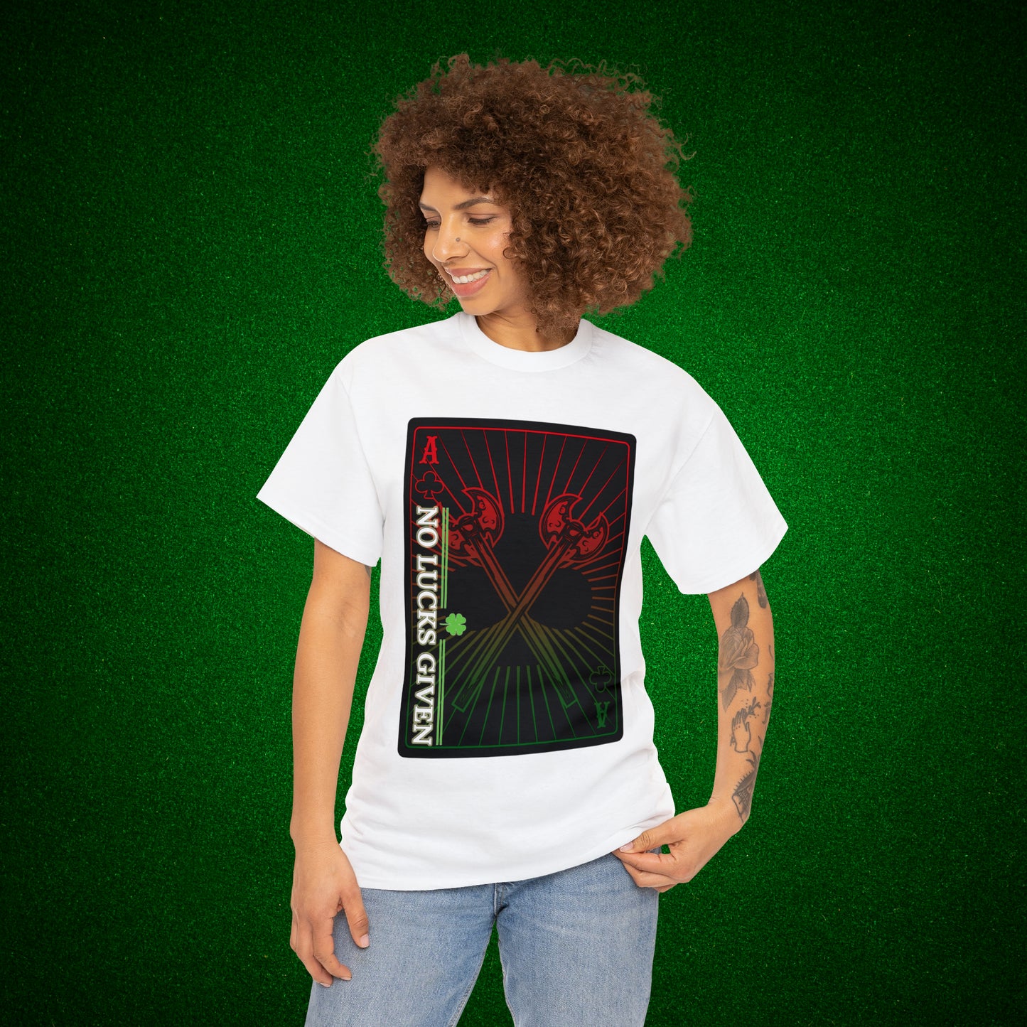 No Lucks Given Ace of Clubs card with two big axes Red Green Poker T-Shirt Must have Good Luck All-in